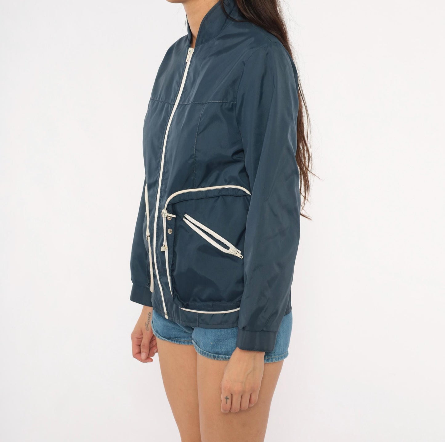 70s Navy Windbreaker White Contrast Zipper Stand Collar Shell Jacket Small S