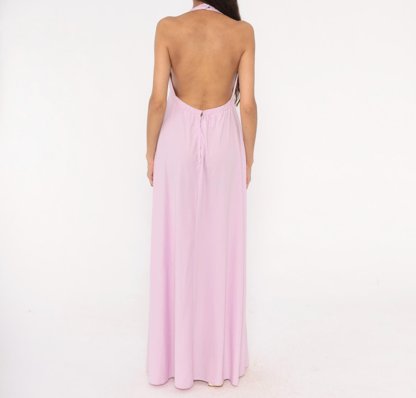 70s Lilac Halter Maxi Dress Empire Waist Open Back Floor Length Medium