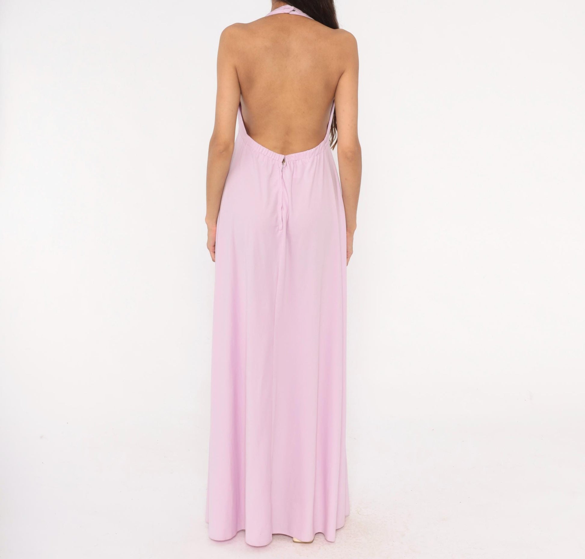 70s Lilac Halter Maxi Dress Empire Waist Open Back Floor Length Medium