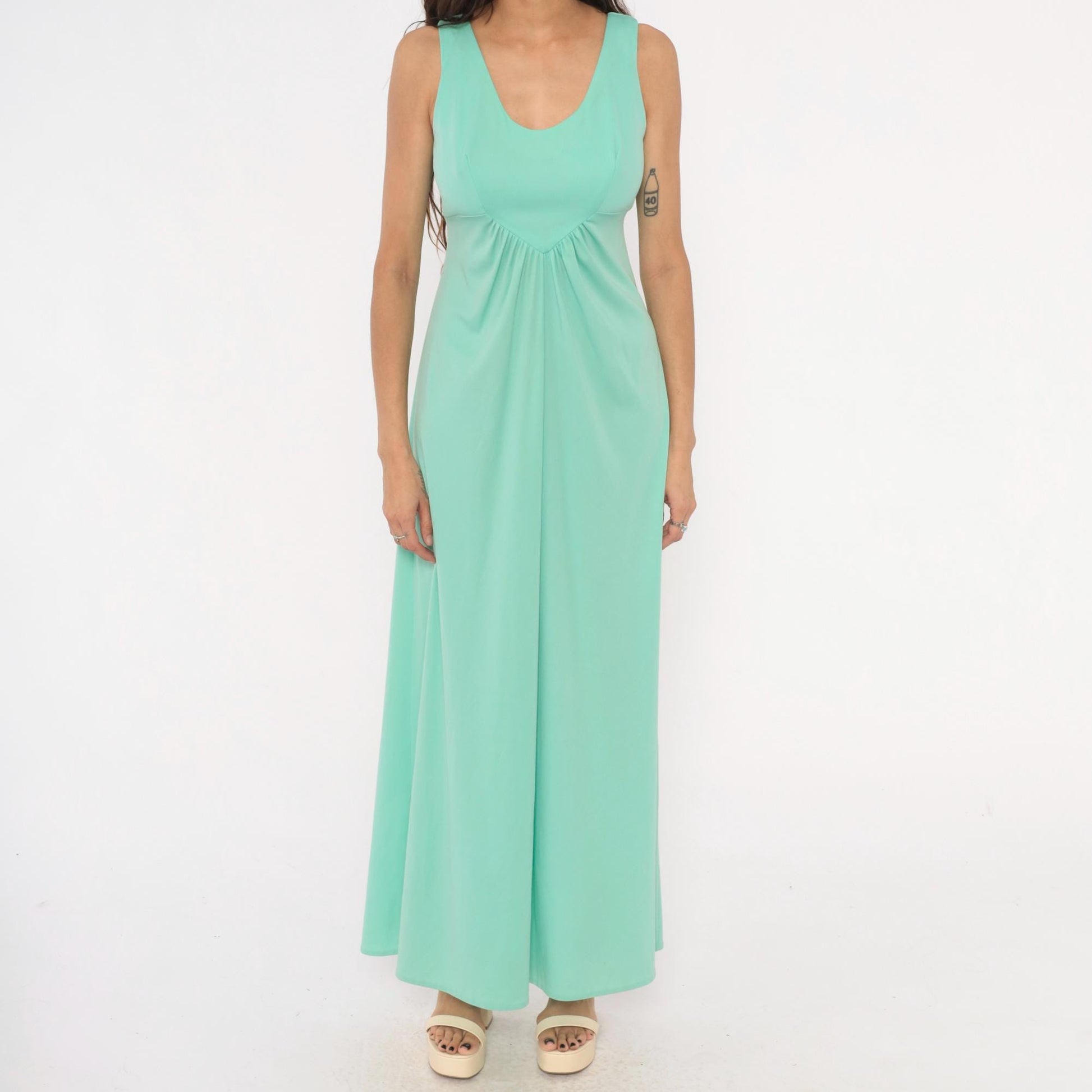 70s Mint Green Sleeveless Maxi Dress Empire Waist A-Line Medium
