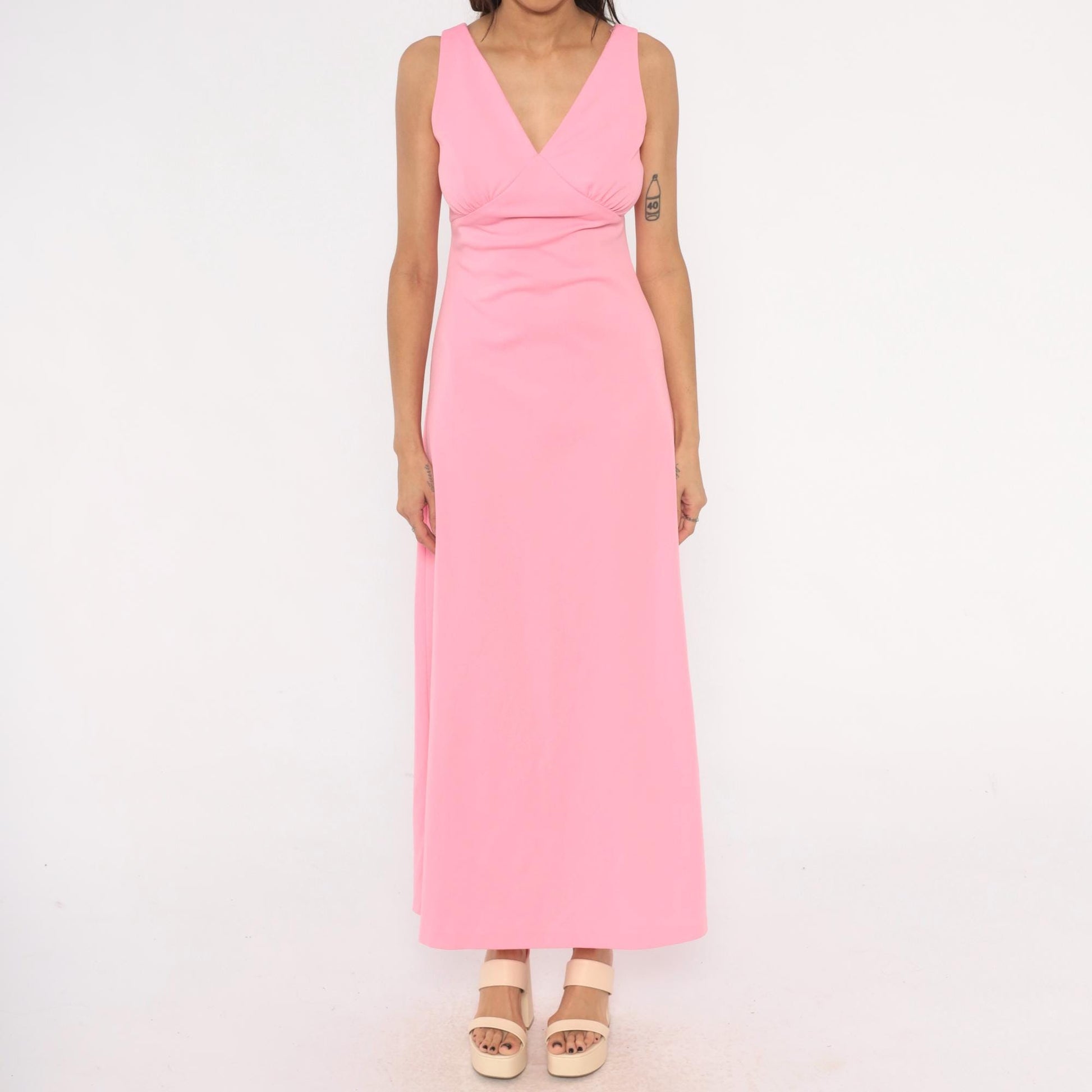 70s Bubblegum Pink Maxi Dress V Neck Empire Waist A Line Ankle Length Medium M