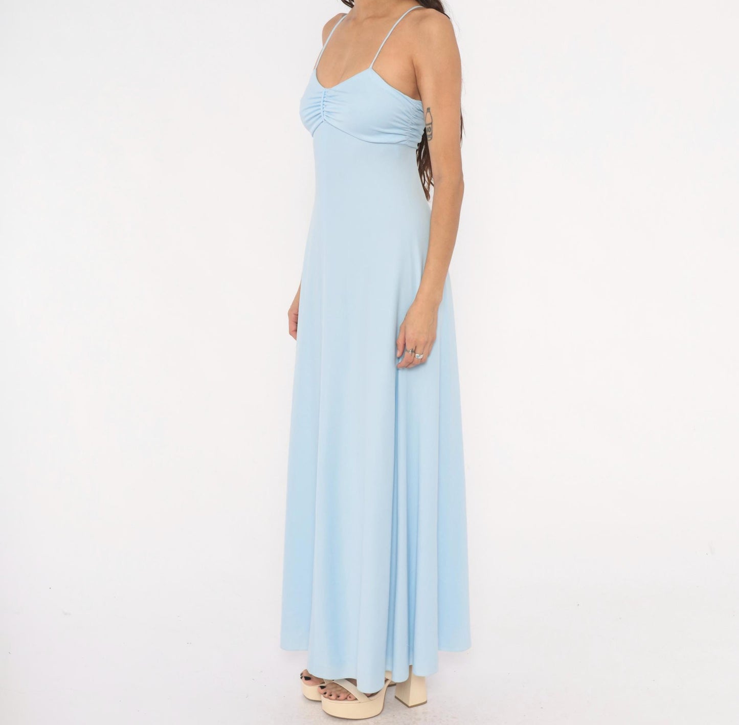 70s Baby Blue Maxi Dress Spaghetti Strap Sweetheart Neckline Empire Waist Extra Small XS