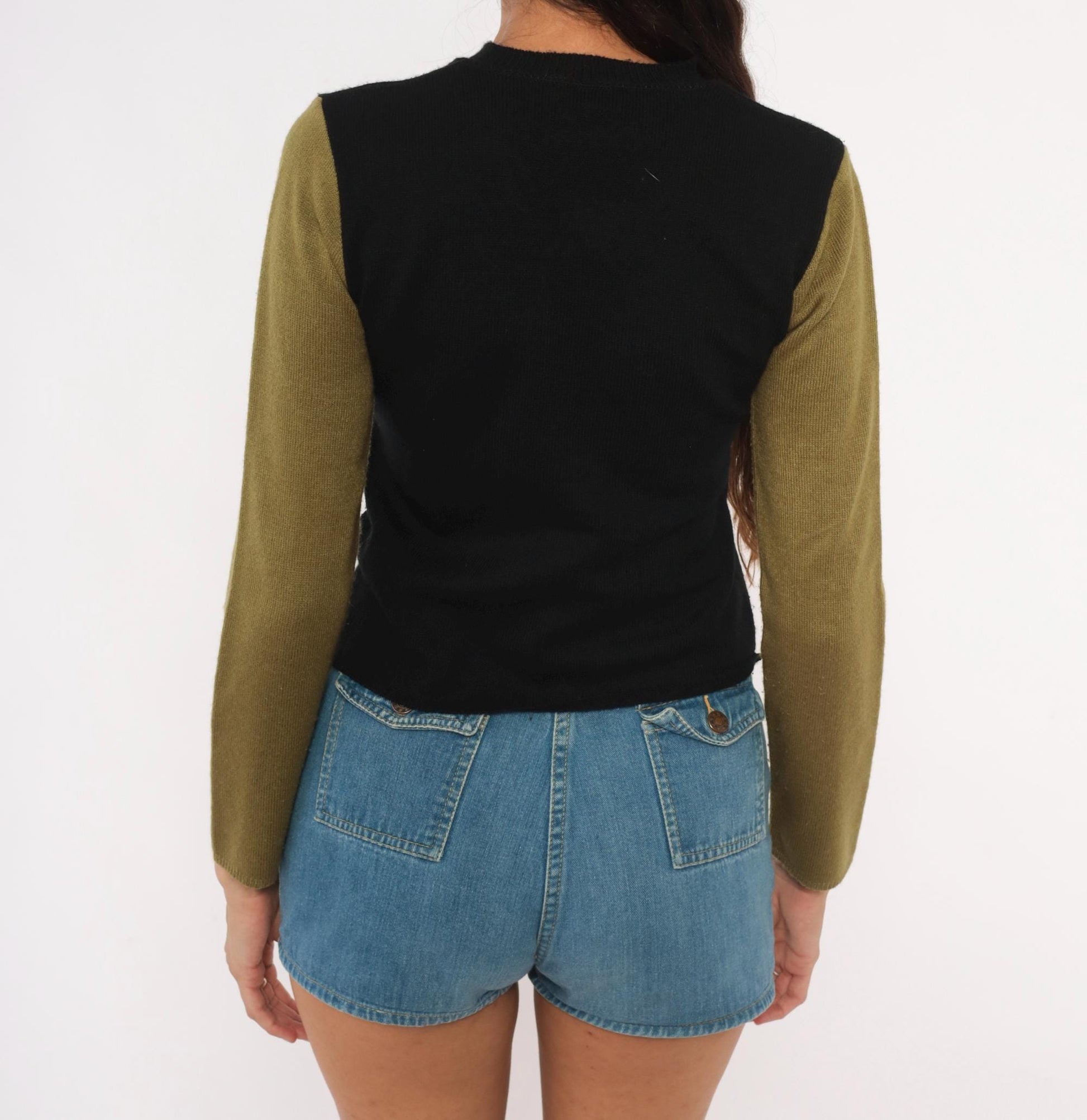 90s Catch 22 Color Block V-Neck Sweater Black Olive Green Small