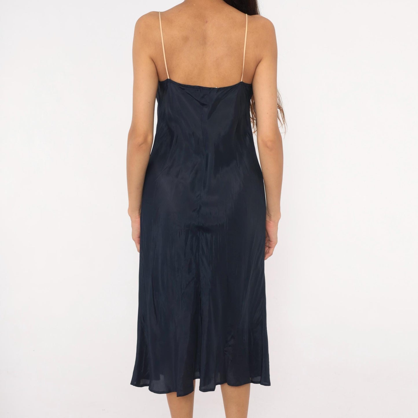 70s Navy Slip Dress Midi V-Neck Spaghetti Strap Acetate Small