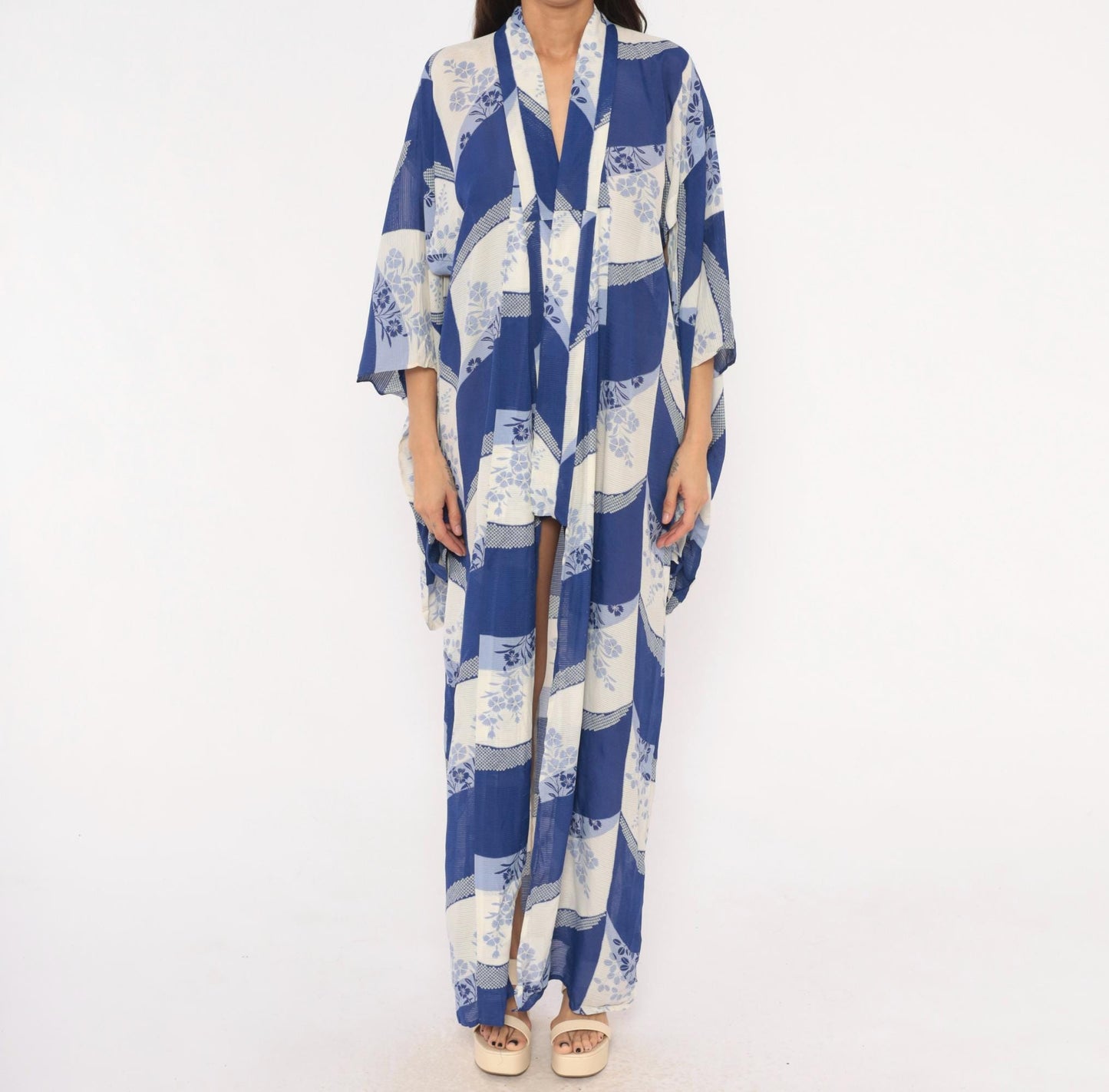 70s Japanese Kimono Robe Cobalt Blue Floral Maxi Open Front Small to Large
