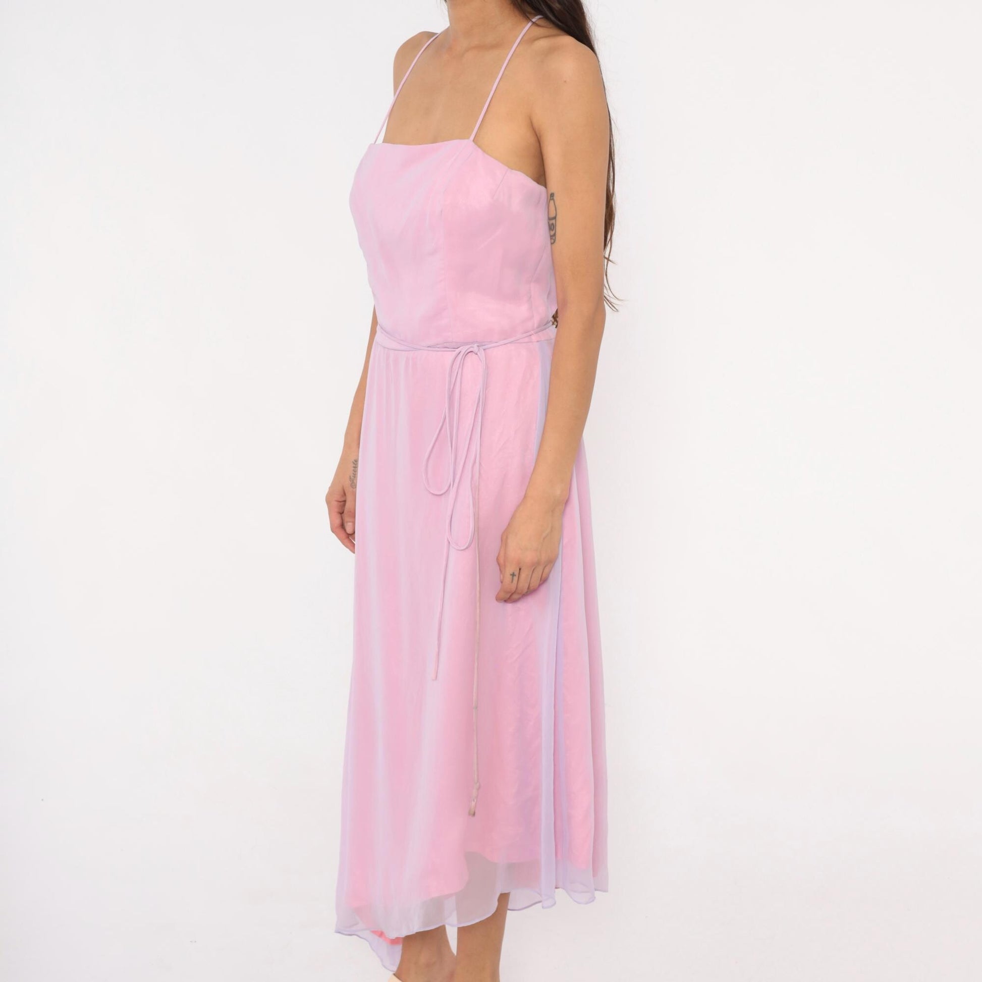 90s Jim Hjelm Lilac Pink Chiffon Maxi Gown Spaghetti Strap Criss Cross Back Medium M