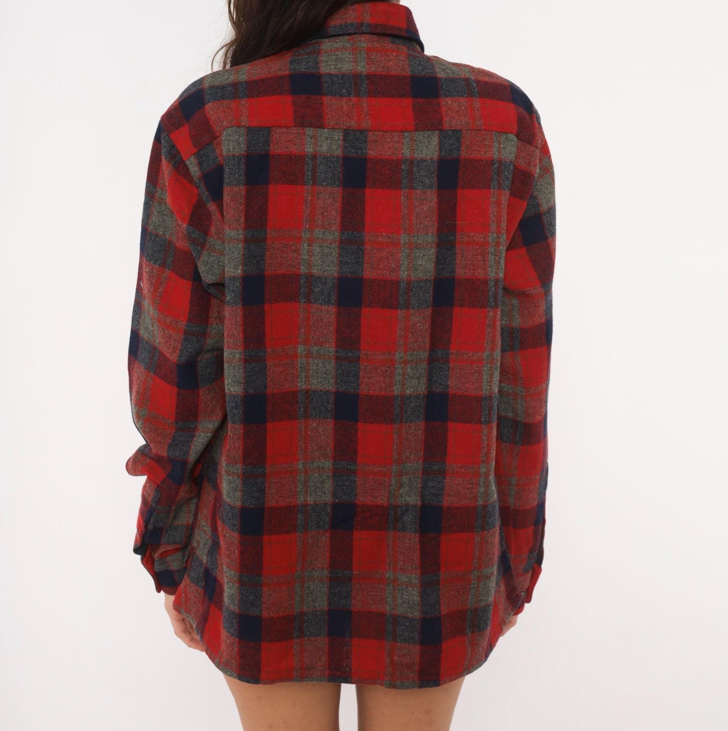 80s Woodland Wool Flannel Shirt Red Navy Grey Plaid Button-Up Small