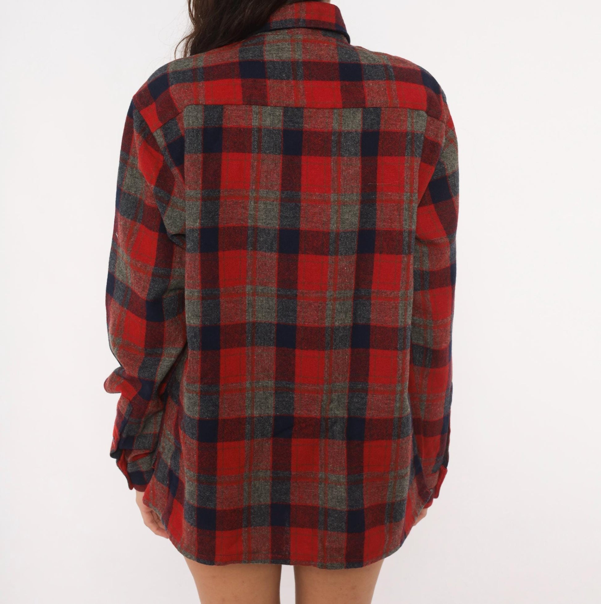 80s Woodland Wool Flannel Shirt Red Navy Grey Plaid Button-Up Small