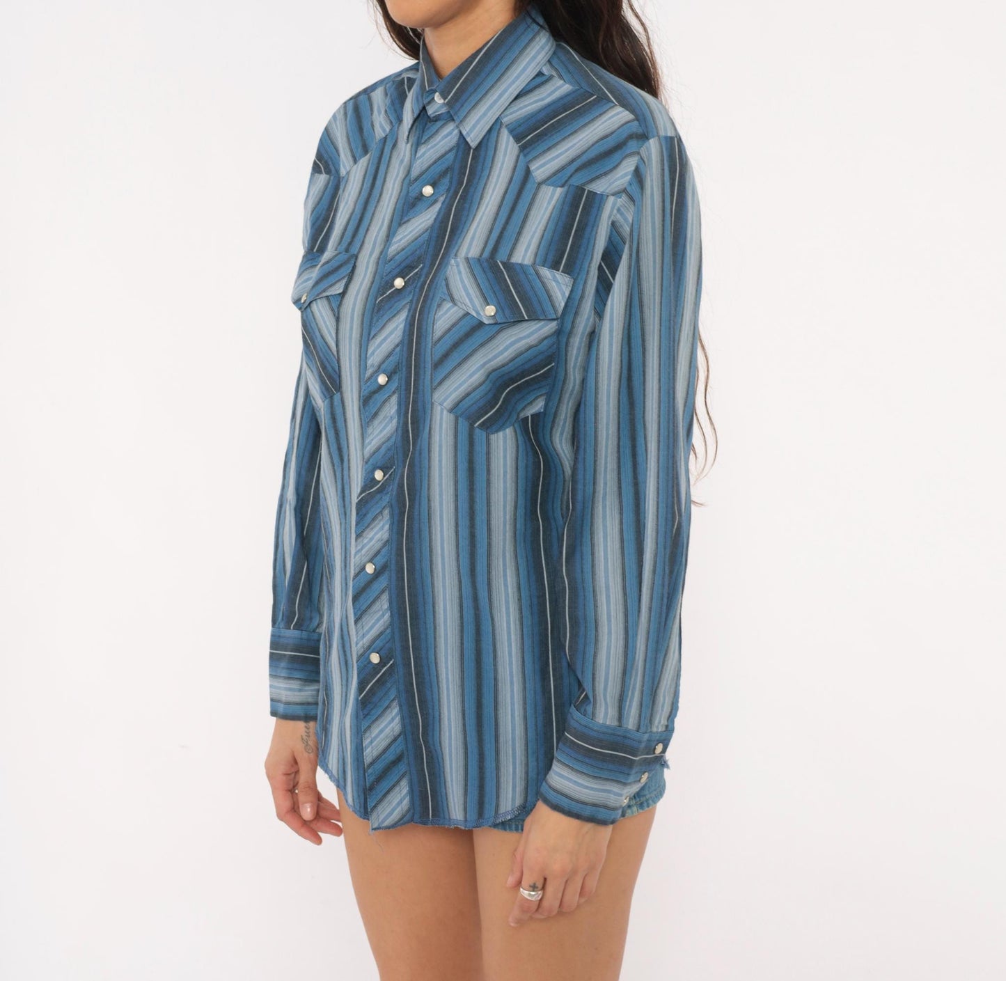90s Wrangler Western Shirt Blue Striped Pearl Snap Pointed Collar Small S