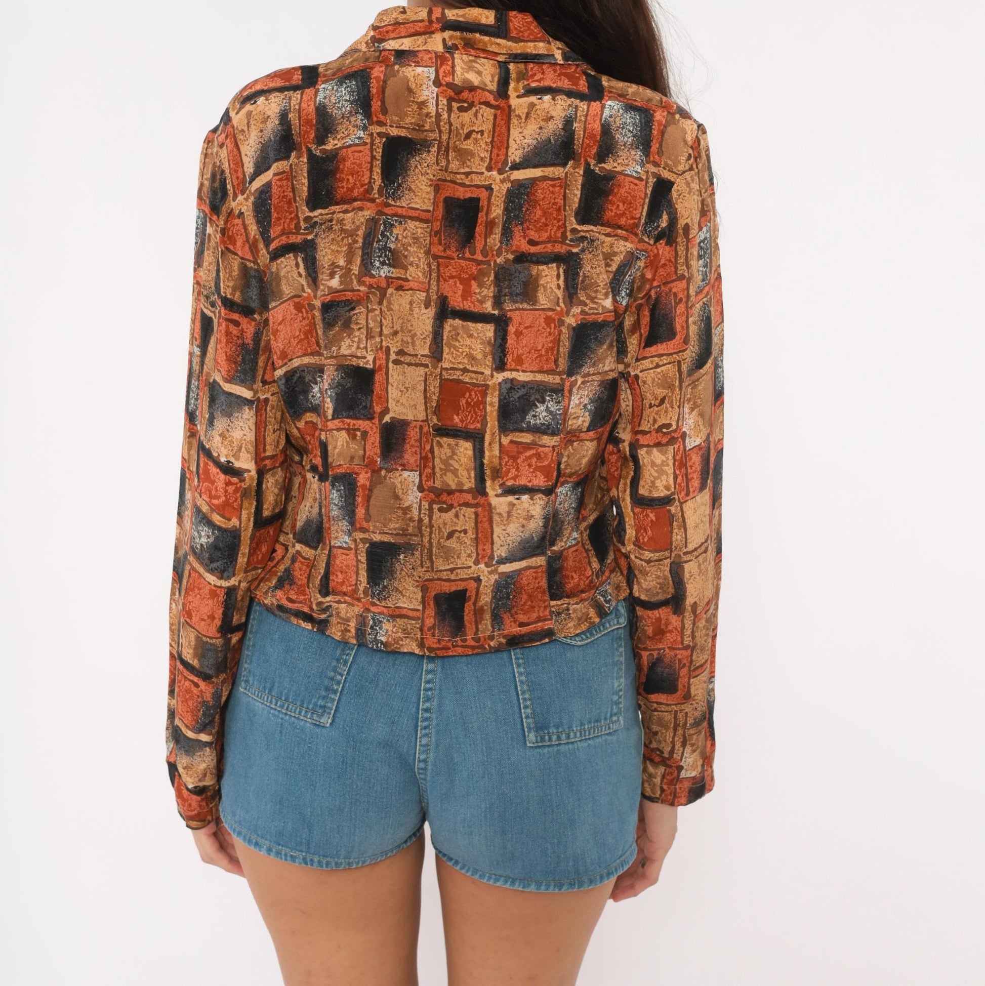 90s Quo-Silk Abstract Geometric Silk Blouse Cropped Rust Tan Small S