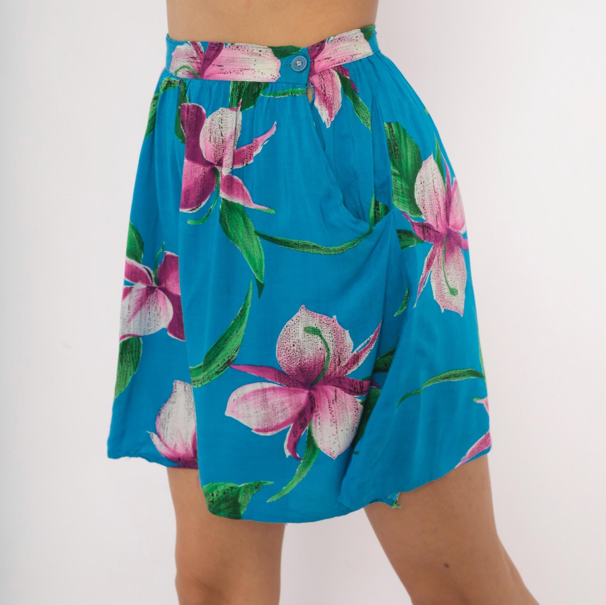 90s Profiles Tropical Floral Shorts Teal Orchid High Waist Wide Leg Small