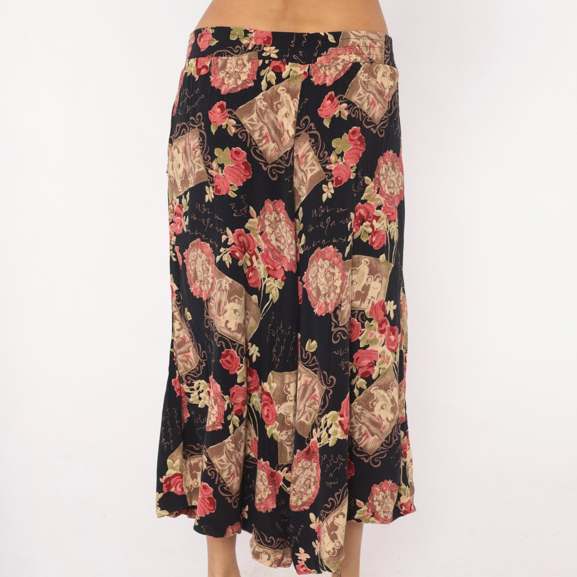 90s Impressions of California Culottes Black Floral Victorian Print Wide Leg Large L