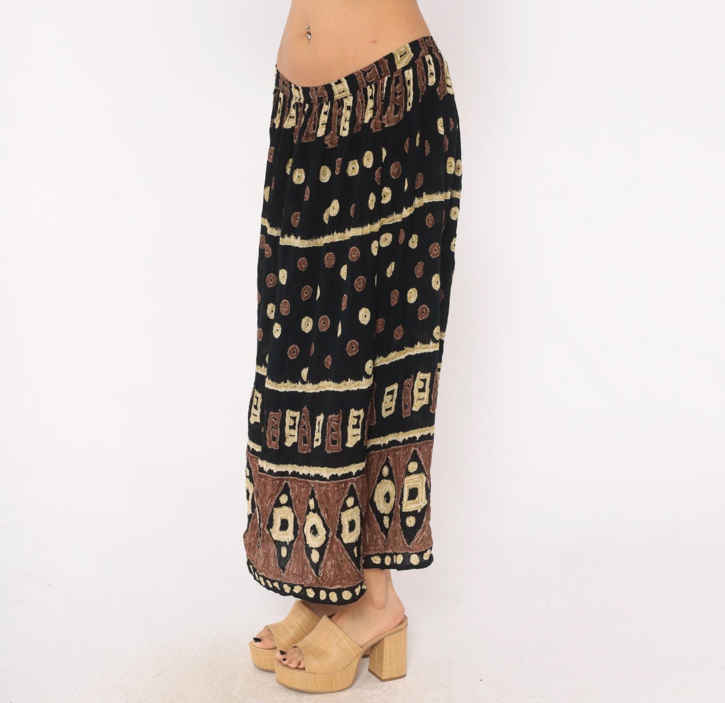 90s Bila Maxi Skirt Black Brown Batik Tribal Geometric Print Extra Large