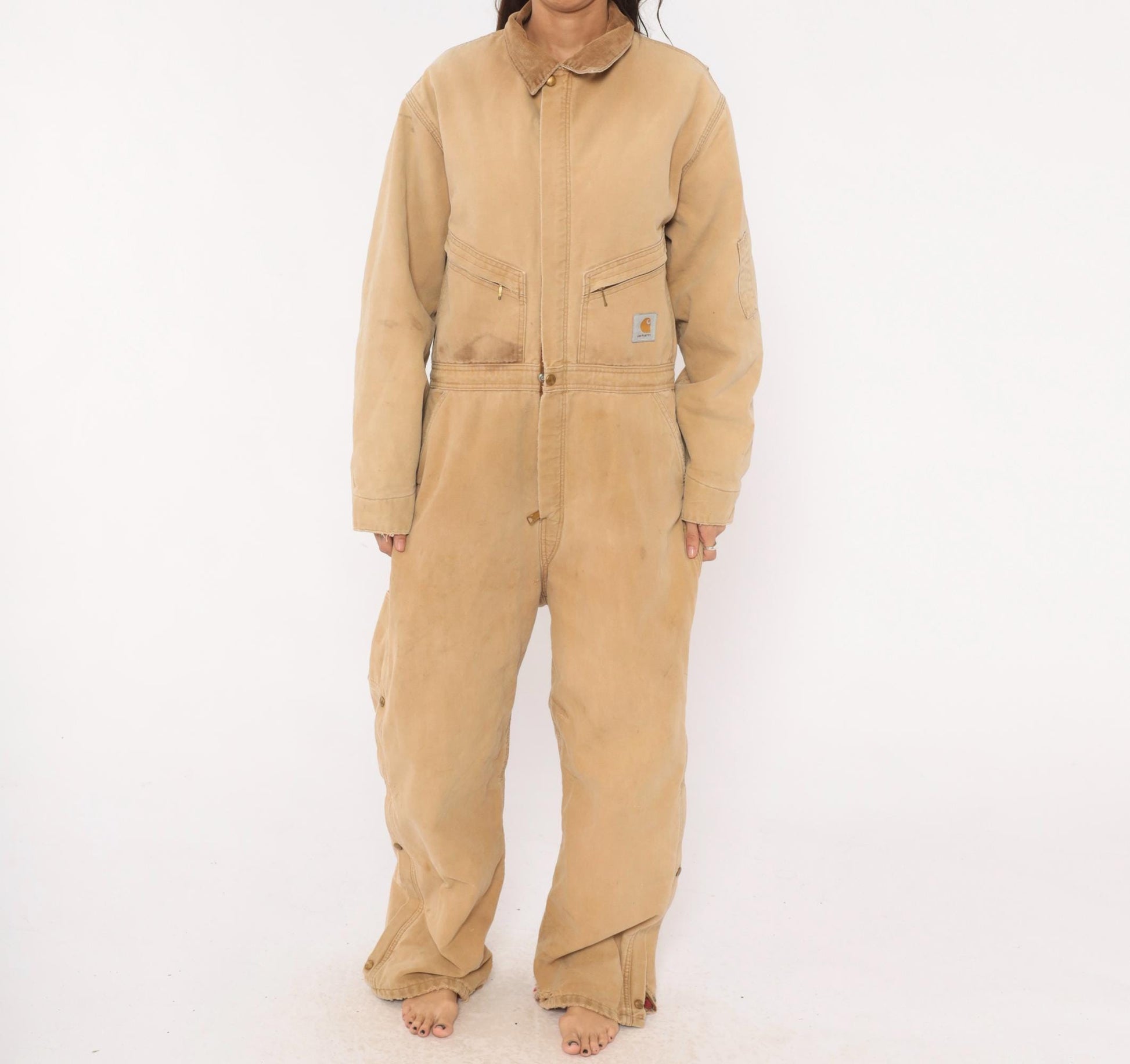 90s Carhartt Insulated Duck Canvas Coveralls Tan Distressed XXL