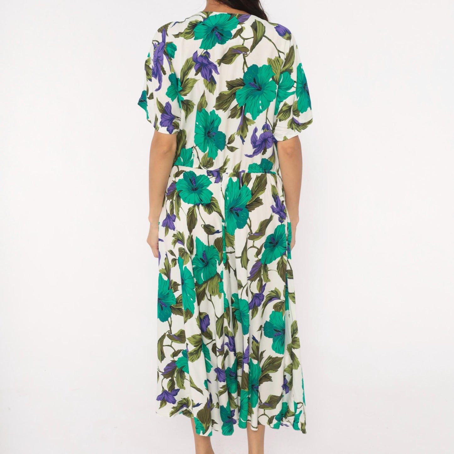 80s Tropical Hibiscus Midi Dress Teal Purple Floral Button Front Large L