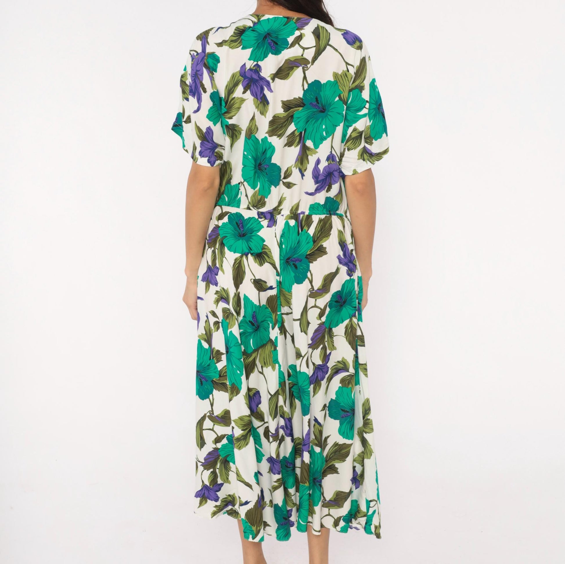80s Tropical Hibiscus Midi Dress Teal Purple Floral Button Front Large L