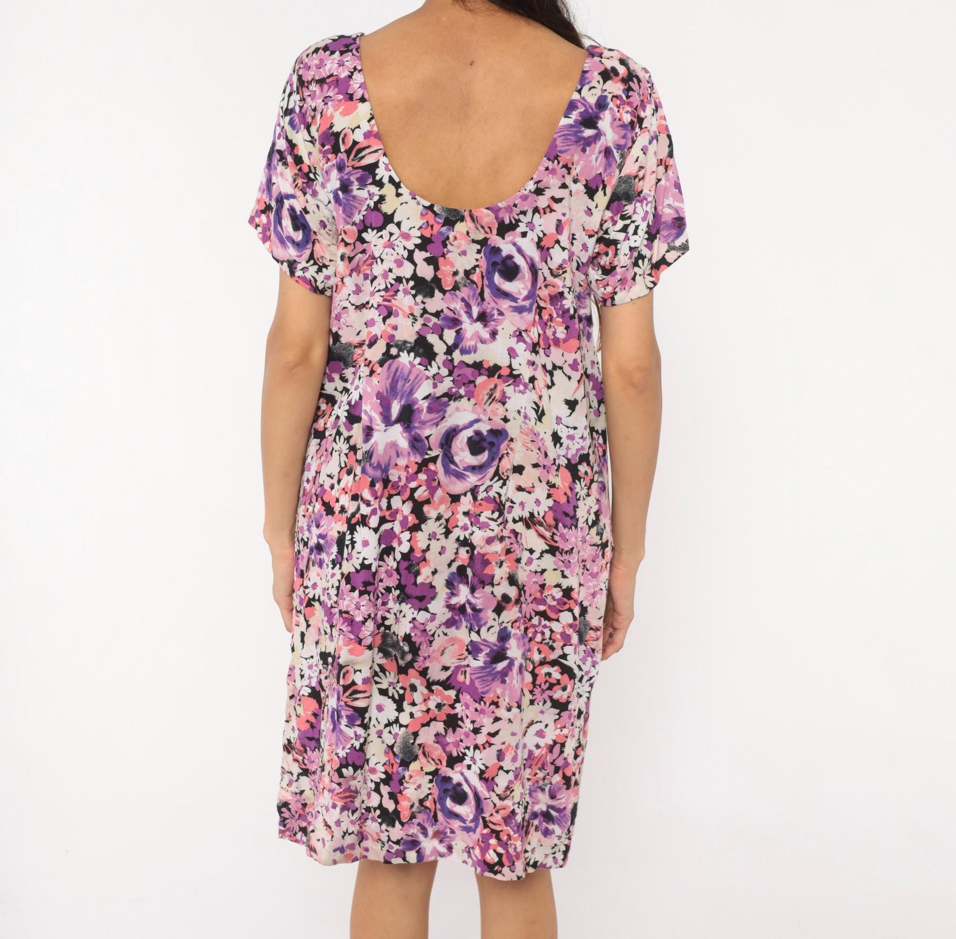 2000s Purple Floral Shift Dress Garden Print Knee-Length Medium M