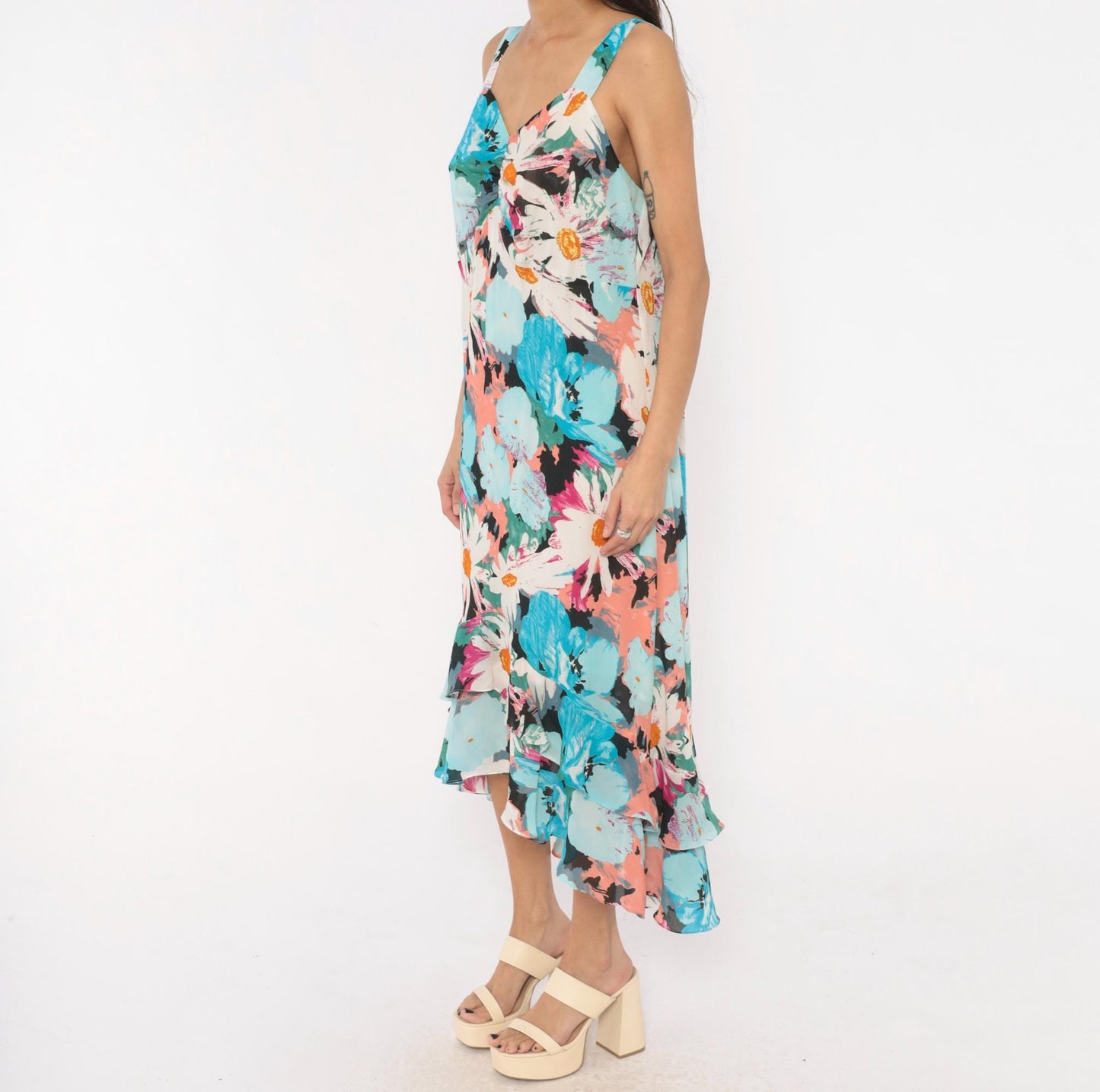 2000s Dress U Floral Maxi Sundress Aqua Pink Daisy V-Neck Plus Size XXL