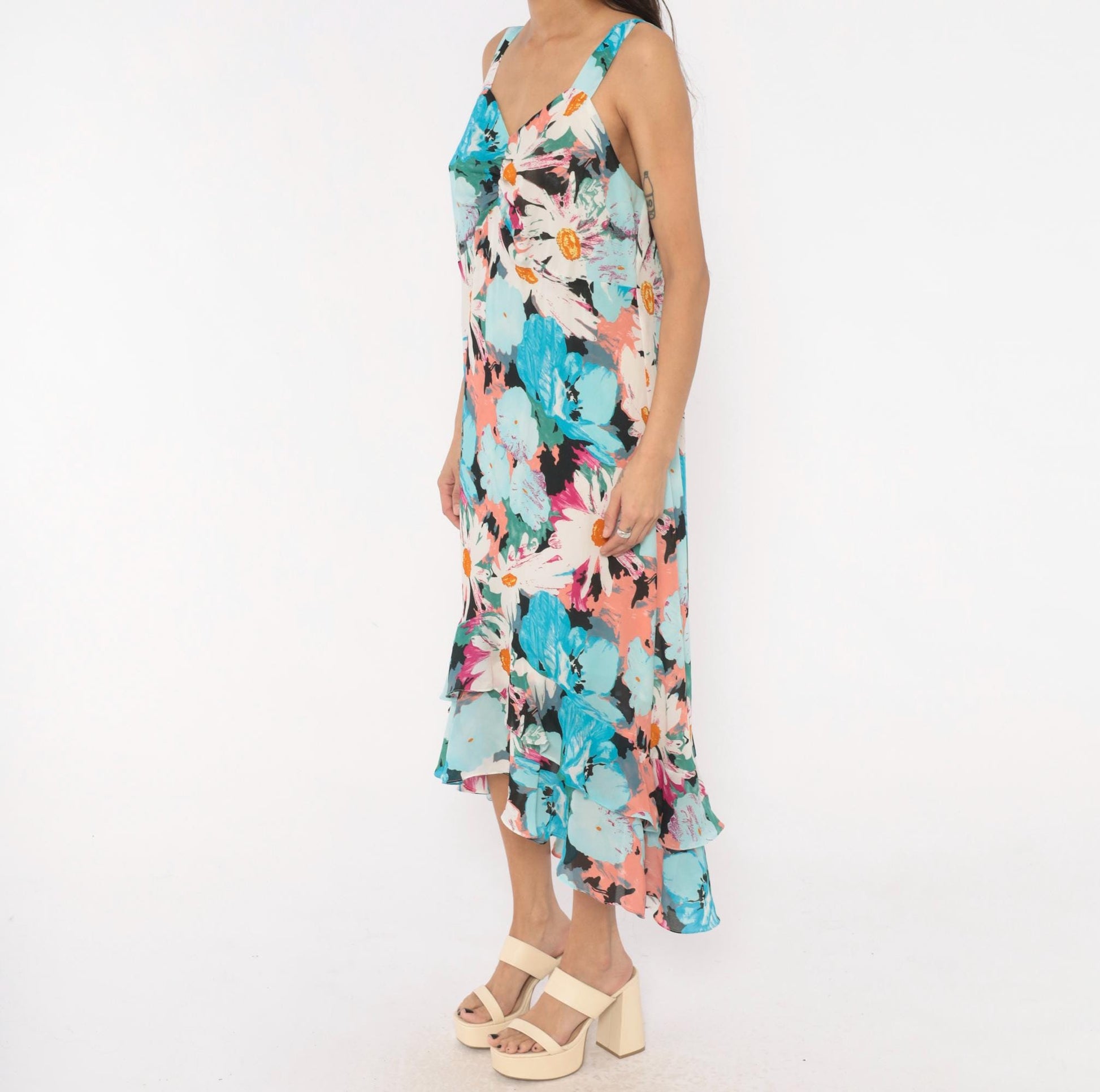 2000s Dress U Floral Maxi Sundress Aqua Pink Daisy V-Neck Plus Size XXL