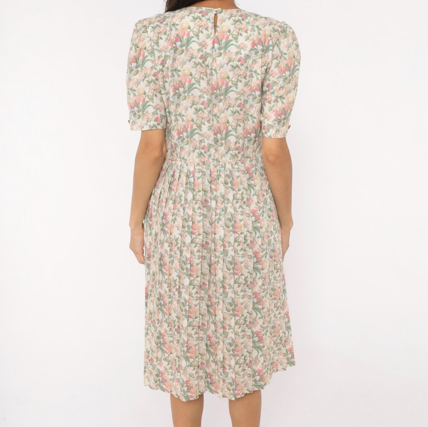 80s Jenny Petites Floral Puff Sleeve Dress Cream Pink Sage Small