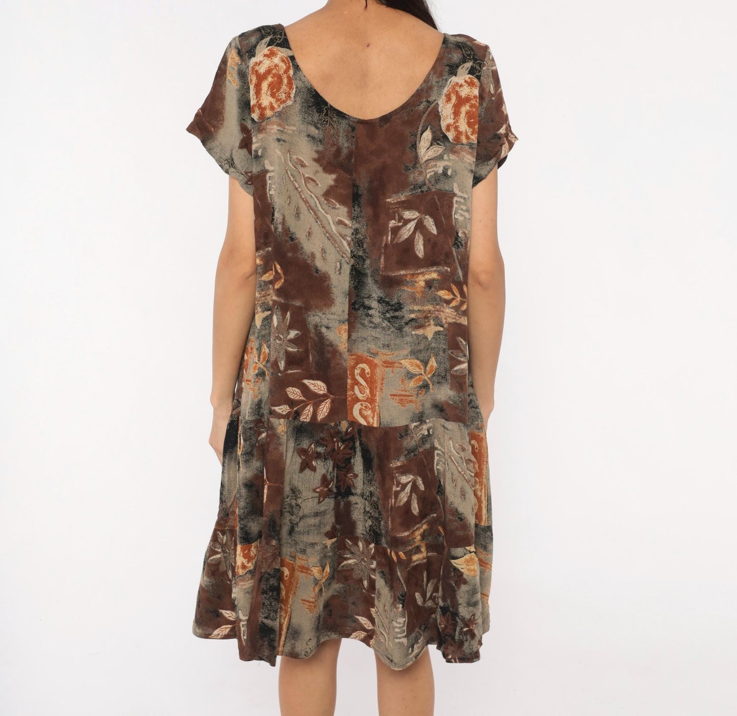 90s Island Attitude Botanical Patchwork Drop Waist Dress Brown Medium M