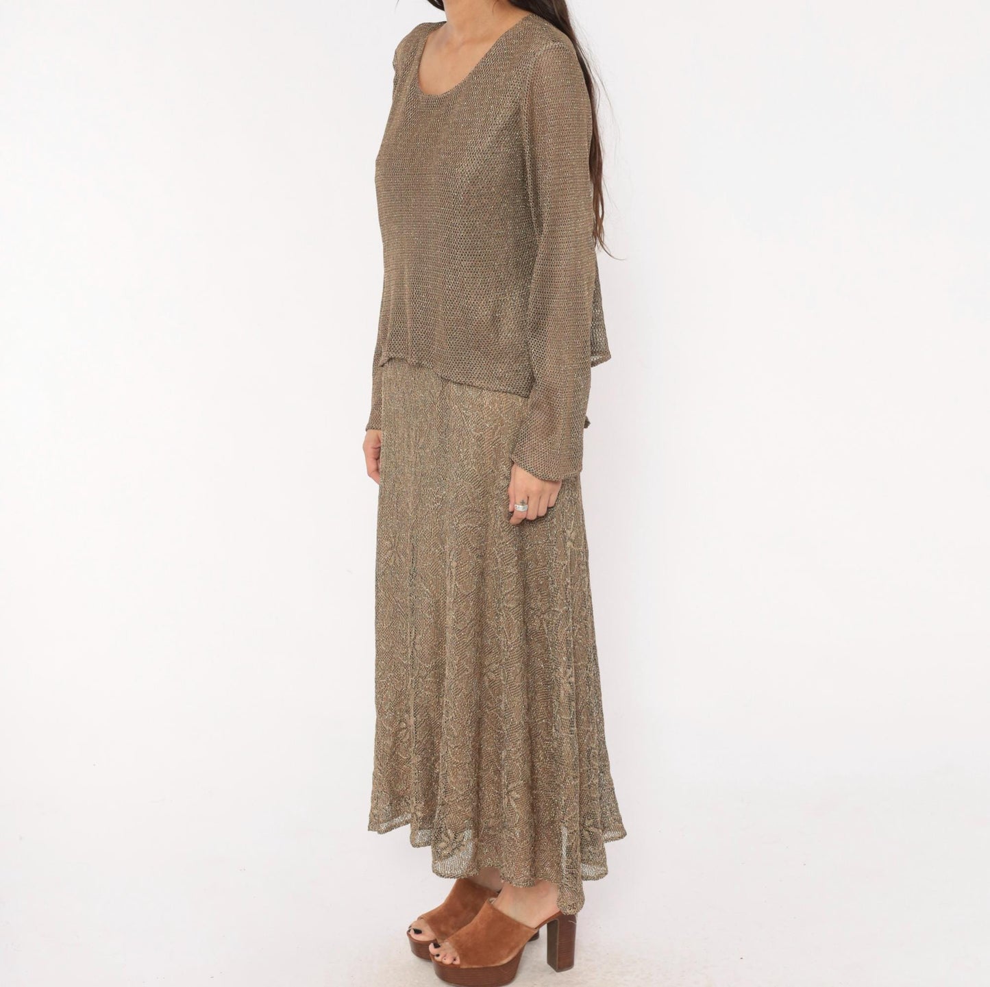 90s Onyx Nite Bronze Metallic Floral Lace Maxi Dress Long Sleeve Large L