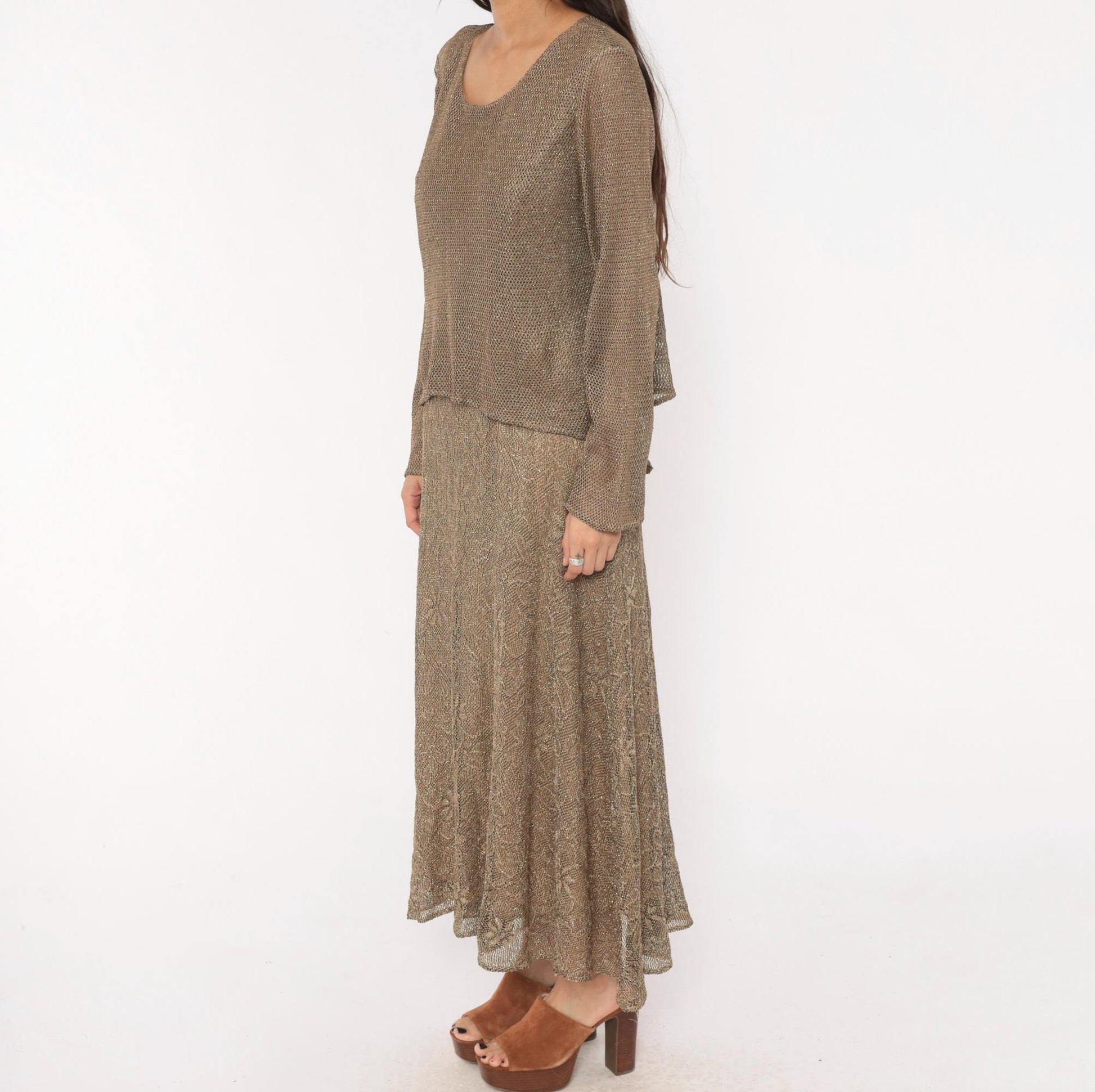 90s Onyx Nite Bronze Metallic Floral Lace Maxi Dress Long Sleeve Large L