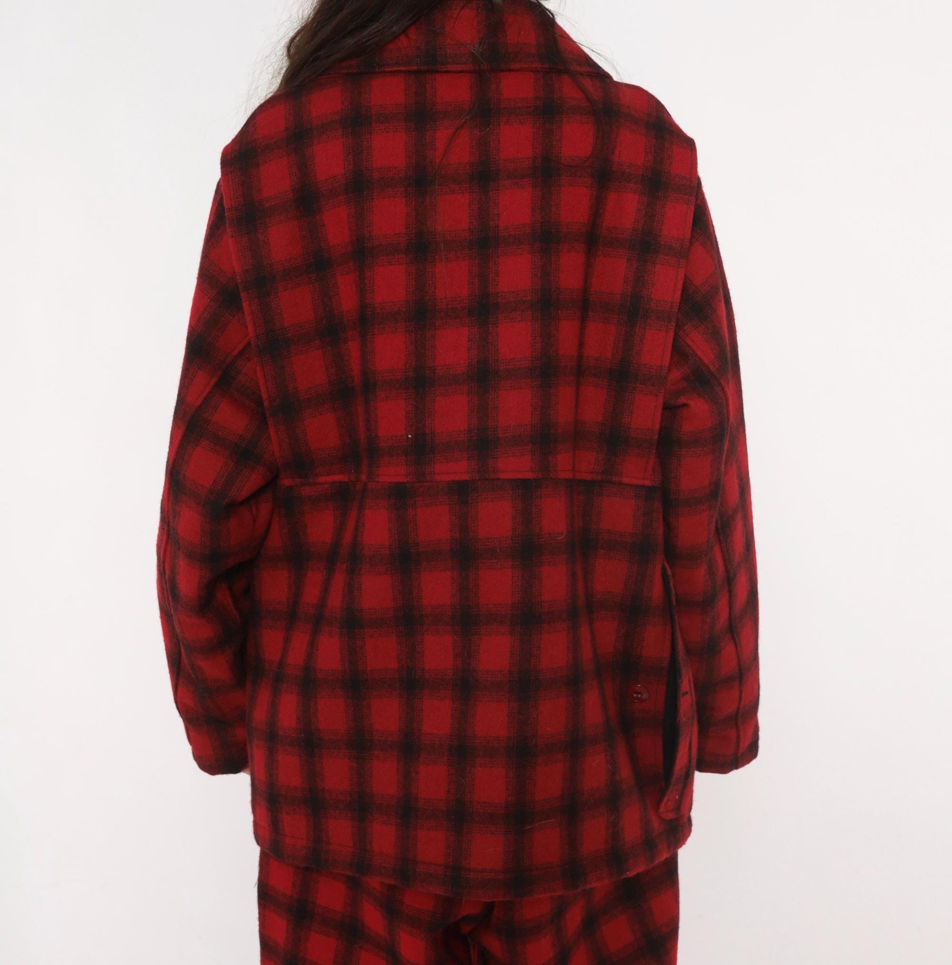 80s Woolrich Buffalo Plaid Wool Hunting Jacket Black Red Peter Pan Collar Large L
