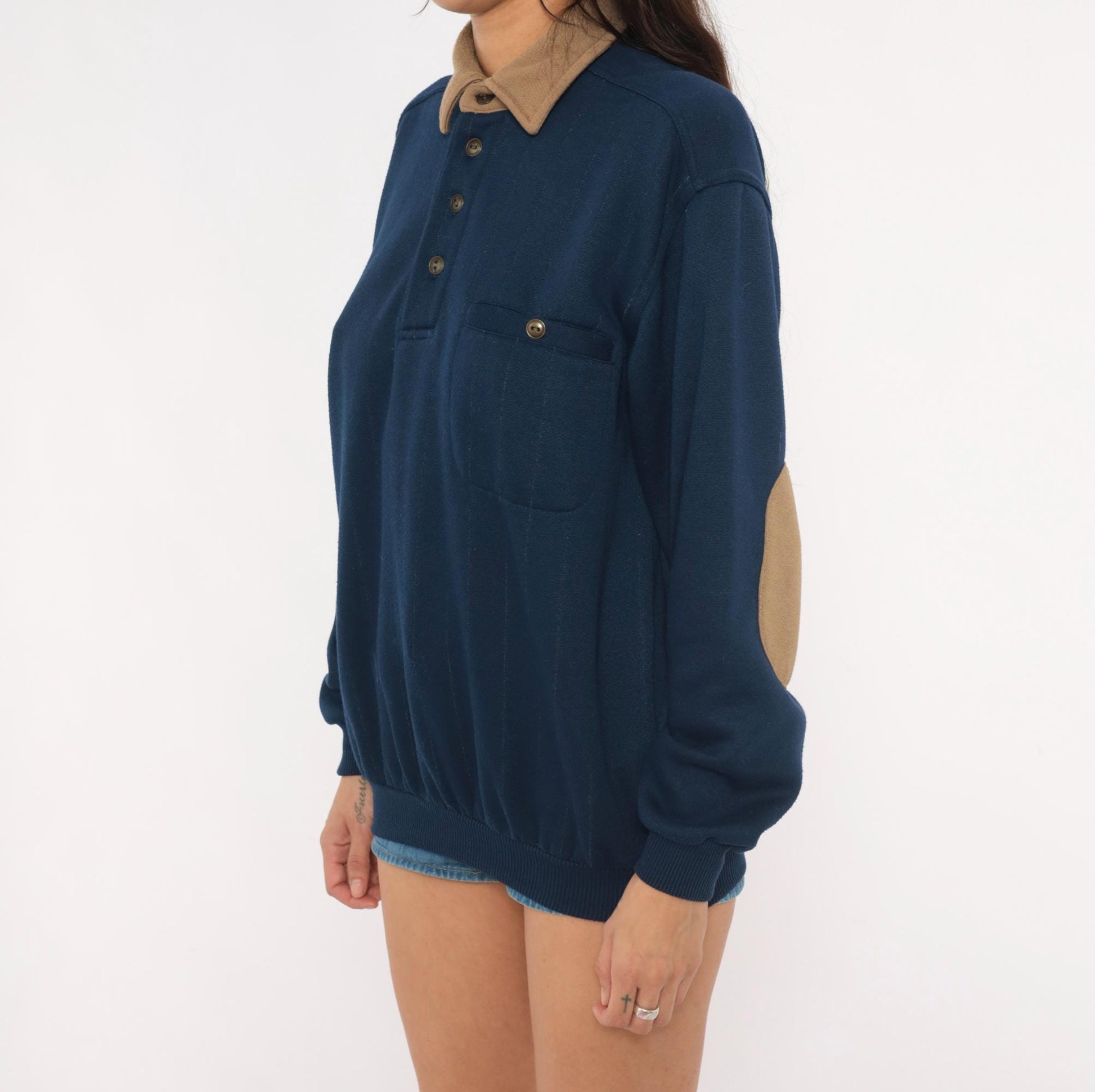 90s Scandia Woods Navy Polo Sweater Tan Elbow Patches Henley Medium M