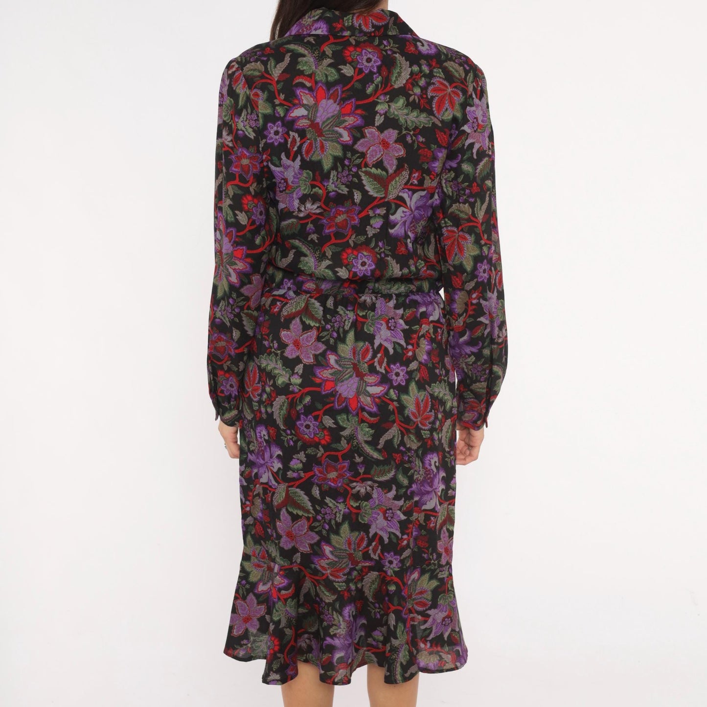 90s Breli Originals Floral Wrap Dress V Neck Long Sleeve Black Purple Small