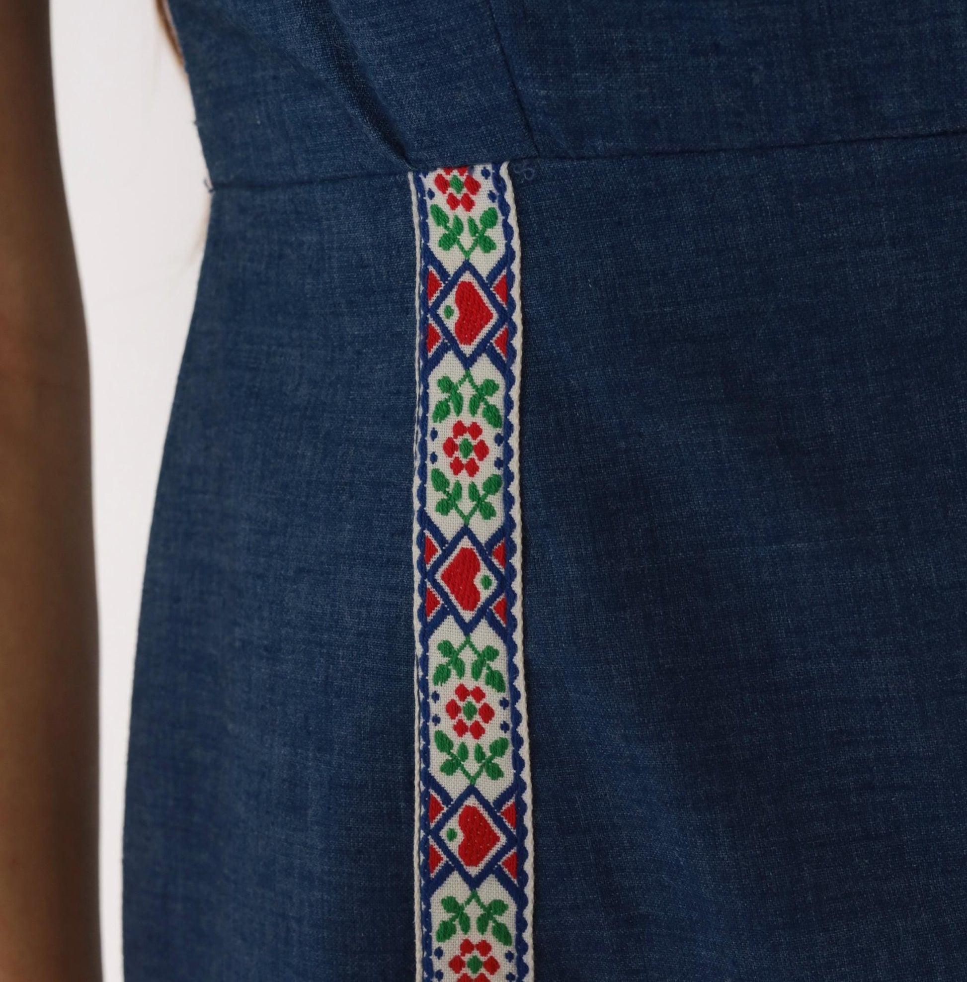 60s Navy Chambray Romper Embroidered Folk Floral Mock Neck Playsuit XS