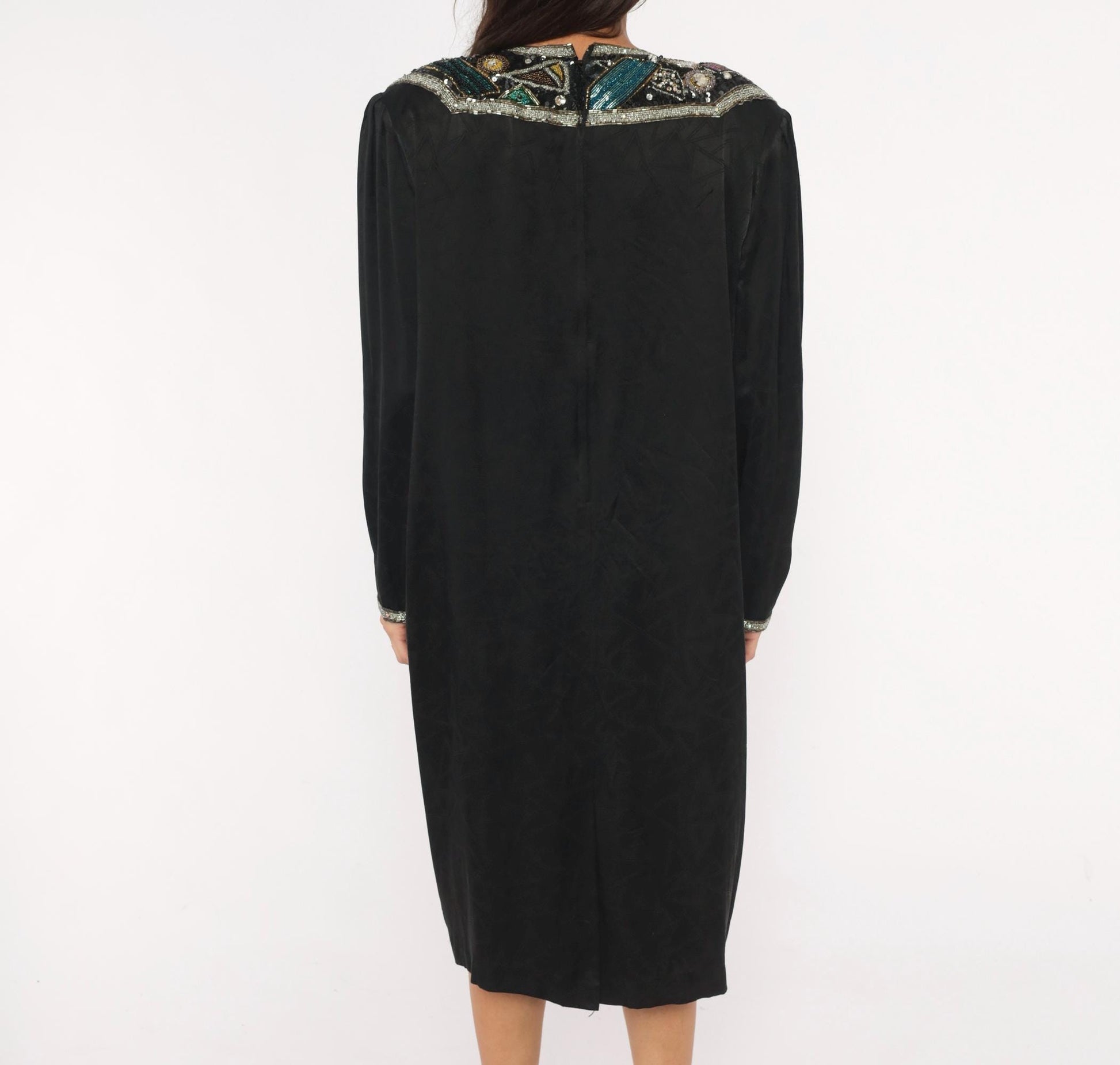 90s D'Ore Black Silk Beaded Shift Dress Geometric Sequin Bib Large L