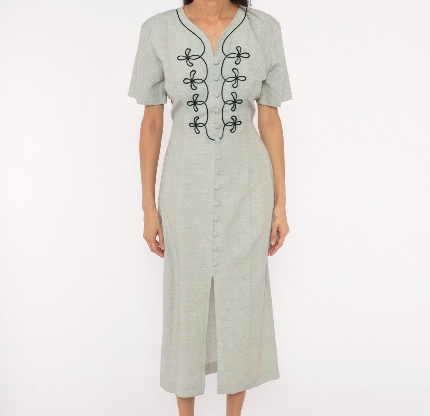 90s DJI Grey Midi Dress Soutache Embroidered Button Front V Neck Medium M