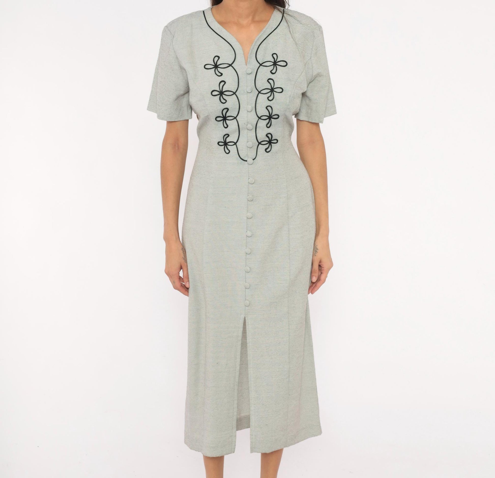 90s DJI Grey Midi Dress Soutache Embroidered Button Front V Neck Medium M