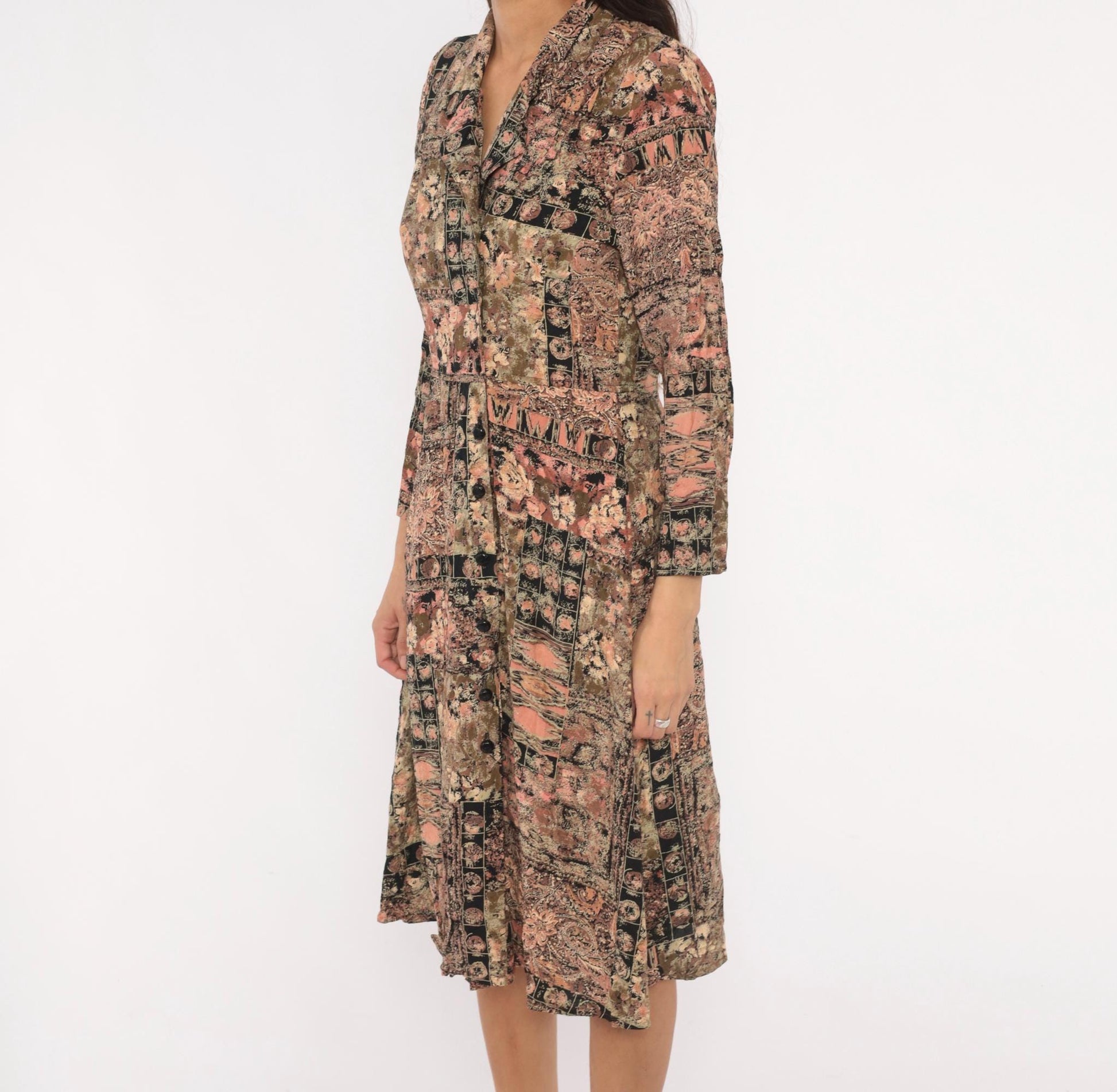 90s Patchwork Floral Midi Dress Paisley Mixed Print Pink Black Olive Small