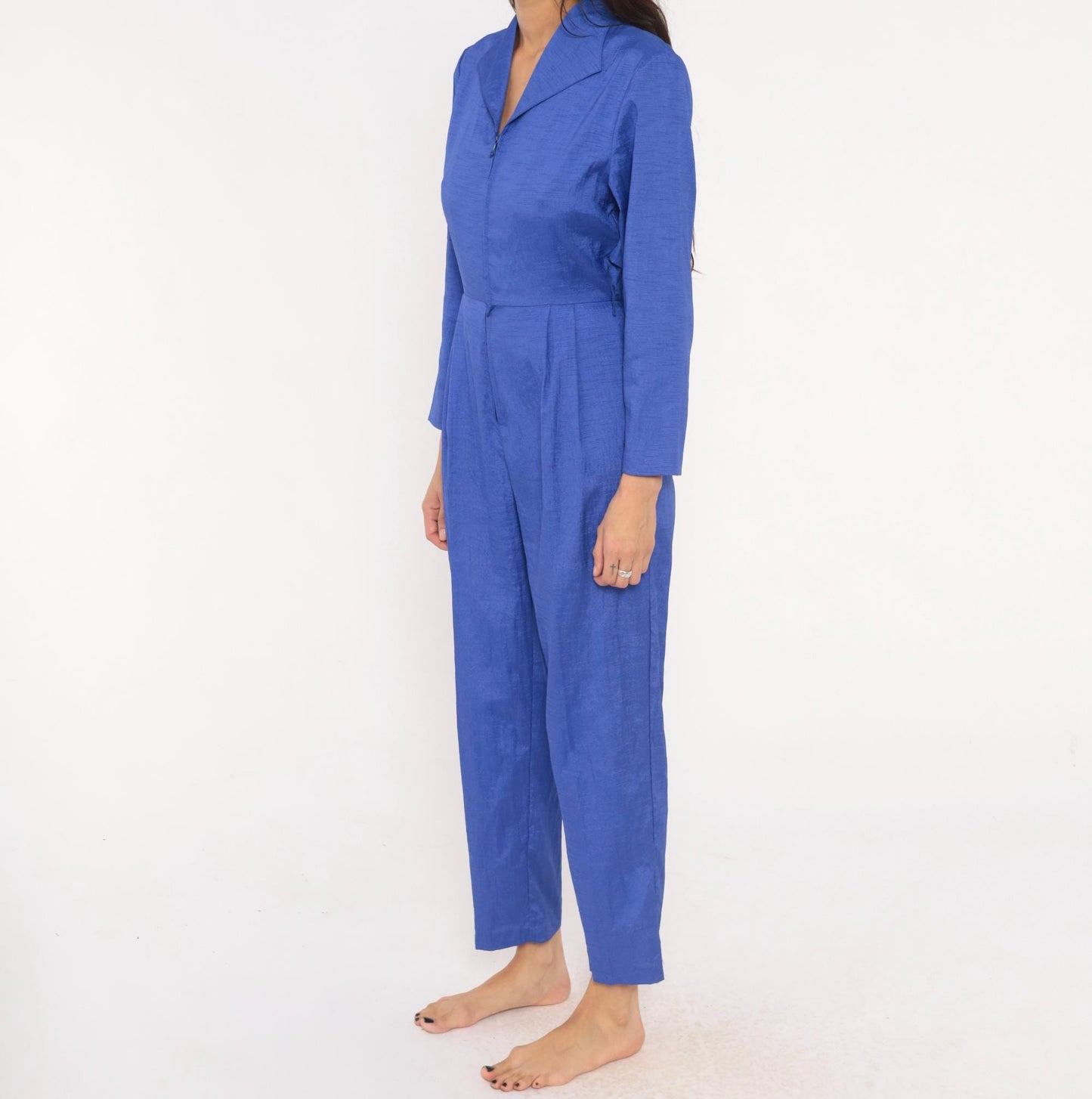 80s Joan Walters Cobalt Jumpsuit Long Sleeve Pleated Tapered Small