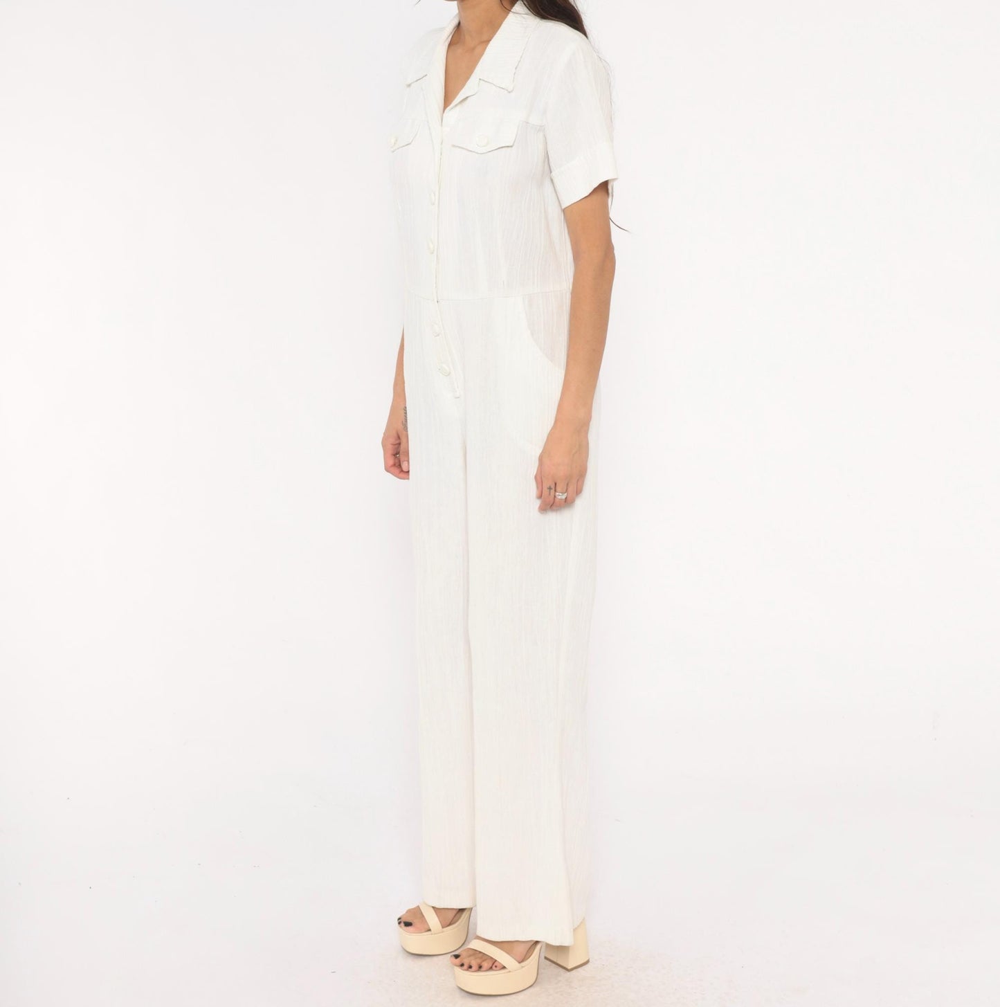 70s White Cotton Linen Jumpsuit Button Front Wide Leg Camp Collar Medium M