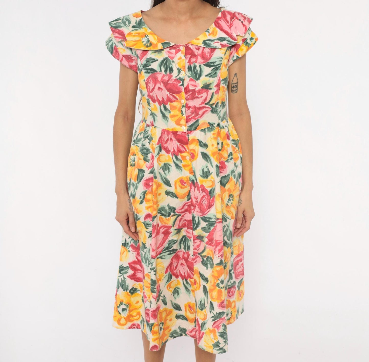 80s Floral Midi Dress Ruffle Collar Rose Print Cream Cotton Medium M