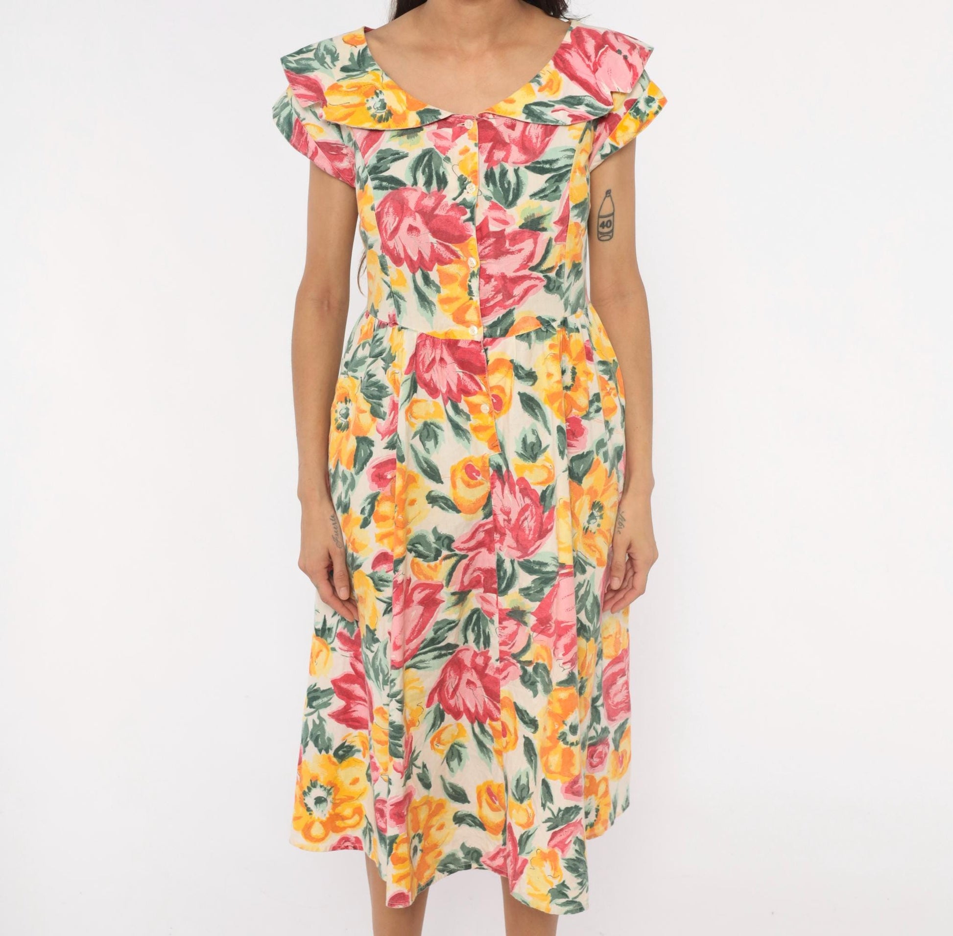 80s Floral Midi Dress Ruffle Collar Rose Print Cream Cotton Medium M