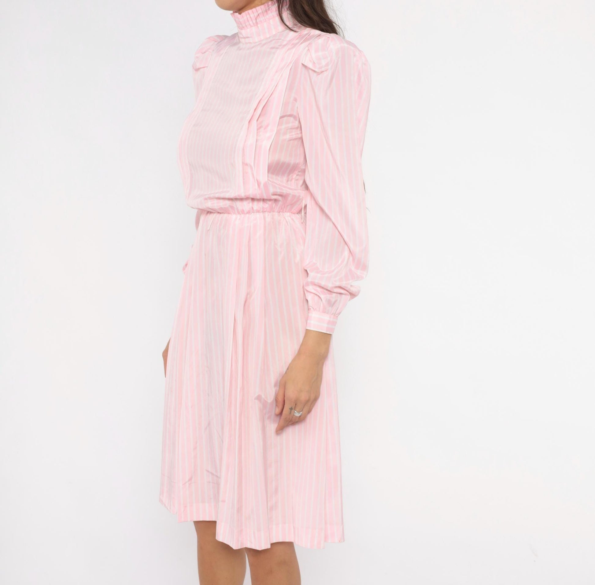 80s Jennifer Pink White Striped Dress Puff Sleeve Mock Neck Small