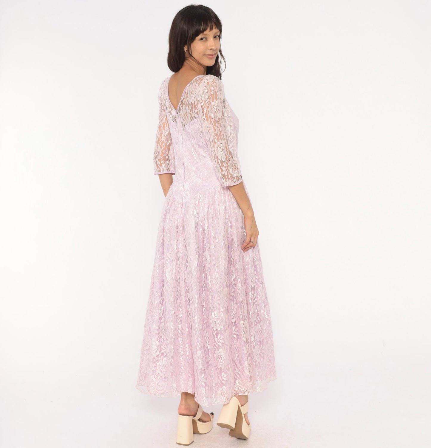 80s Lavender Lace Maxi Dress Floral Sheer Sleeve Drop Waist Large L