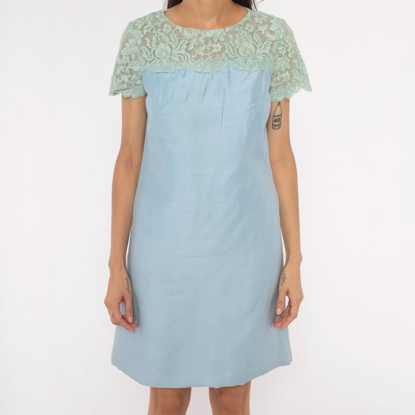 1960s Country Miss Mint Lace A-Line Shift Dress Powder Blue Small