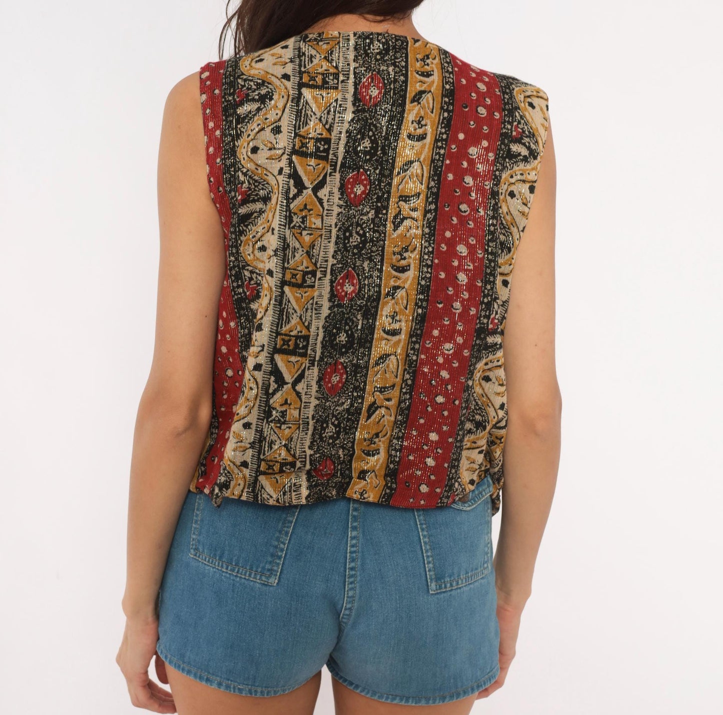 90s Knit Vest Multicolor Striped Toggle Button V-Neck Tan Red Black Medium M