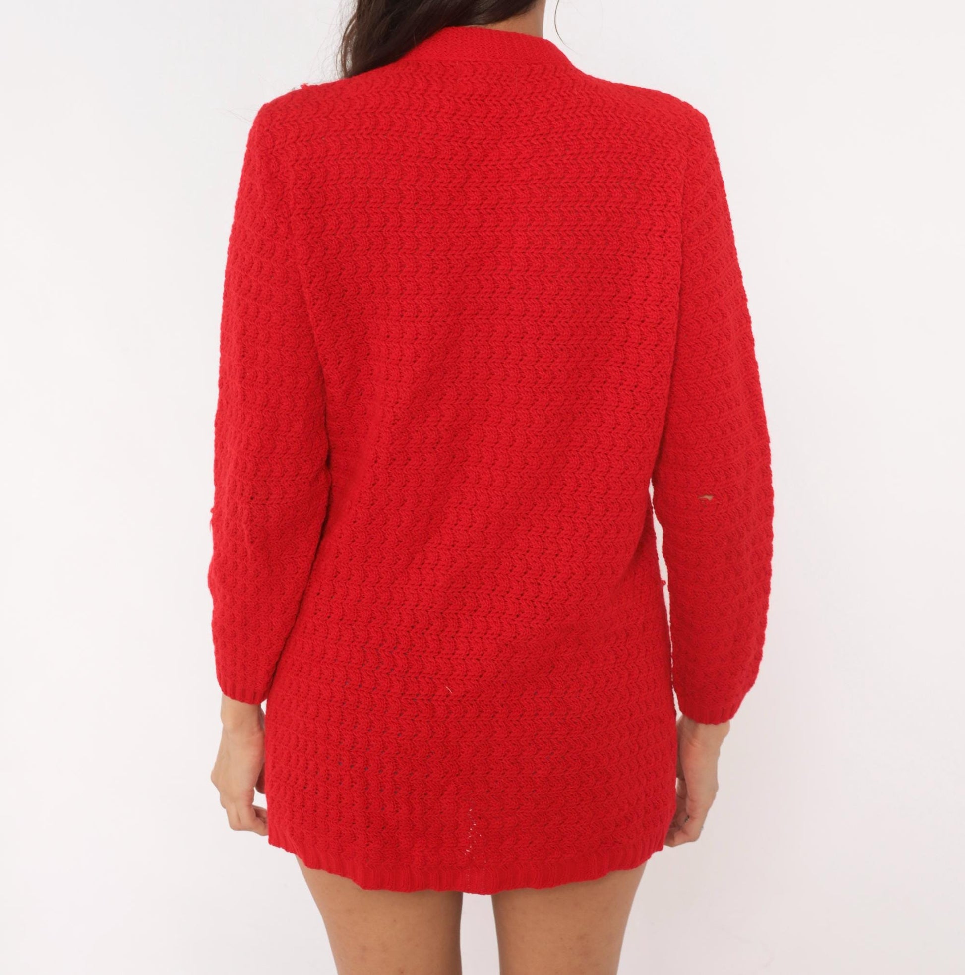 70s Bans Knits Red Cardigan Gold Buttons Mandarin Collar Textured Medium M