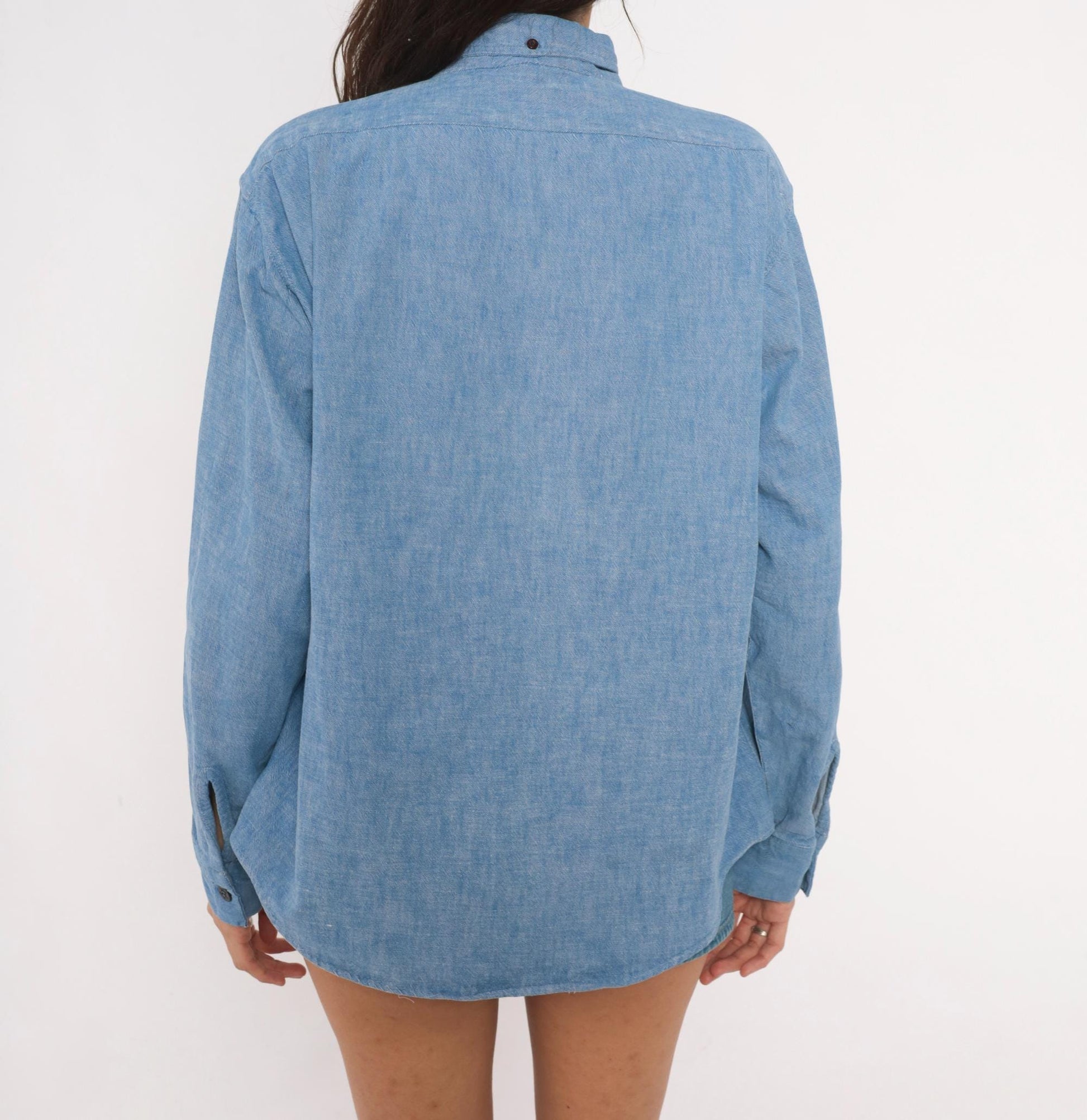 70s Blue Chambray Button Down Shirt Anchor Buttons Cotton Work Wear Medium
