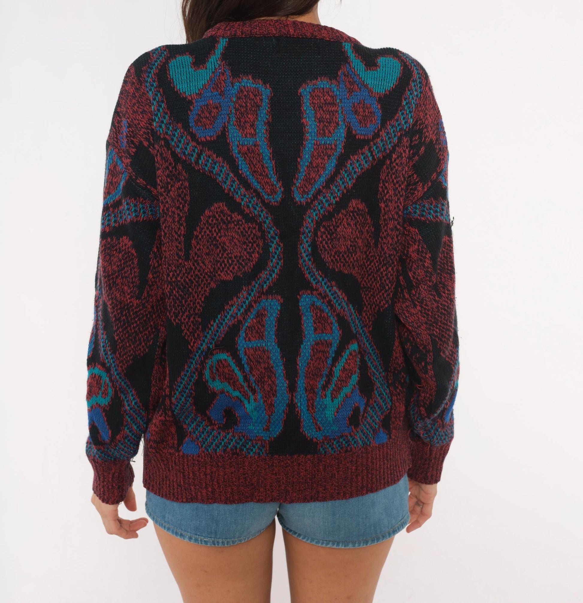 80s City Streets Abstract Knit Sweater Burgundy Teal Intarsia Medium