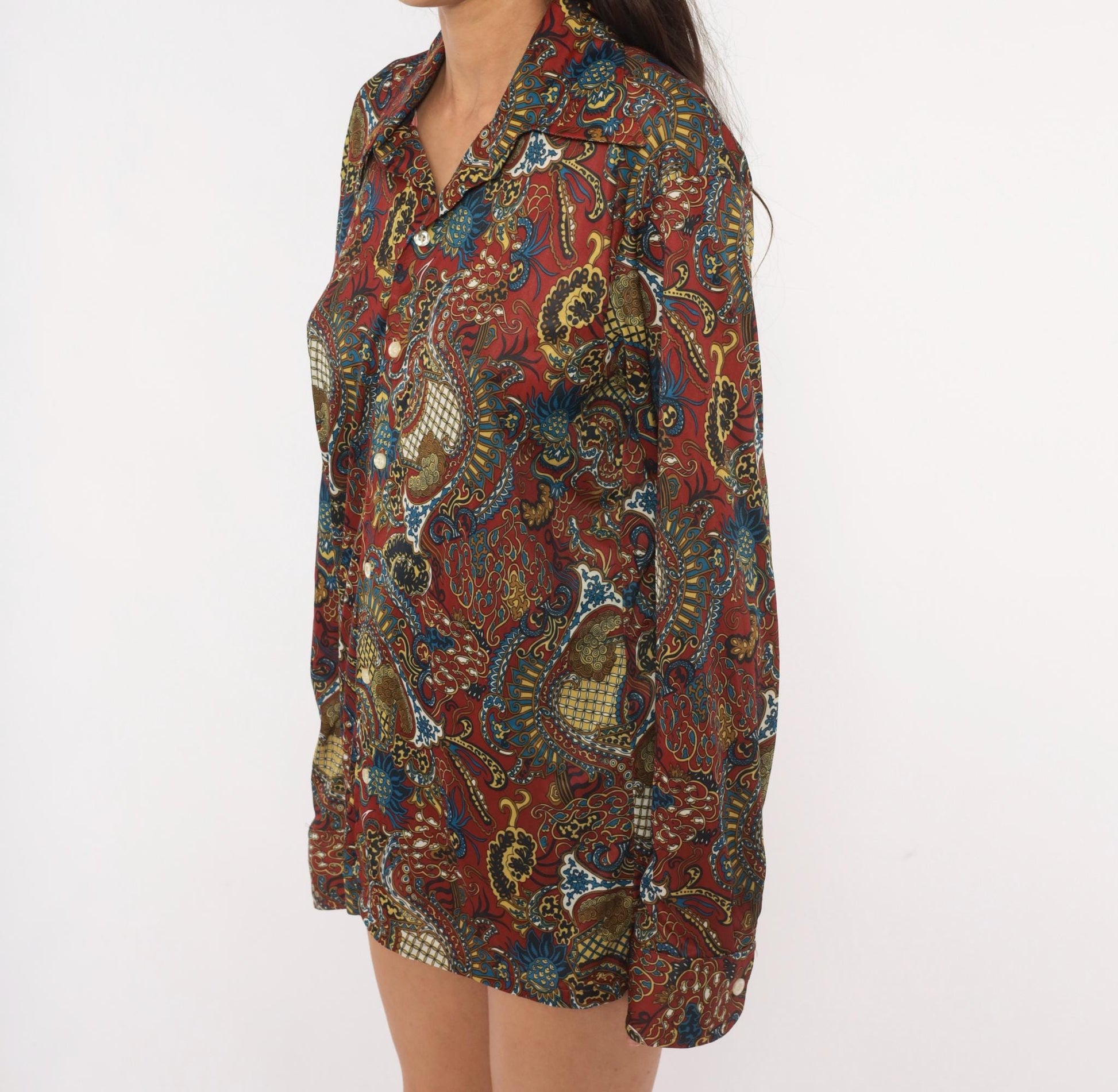 70s Perre La Grande Paisley Button Front Shirt Burgundy Blue Gold Medium