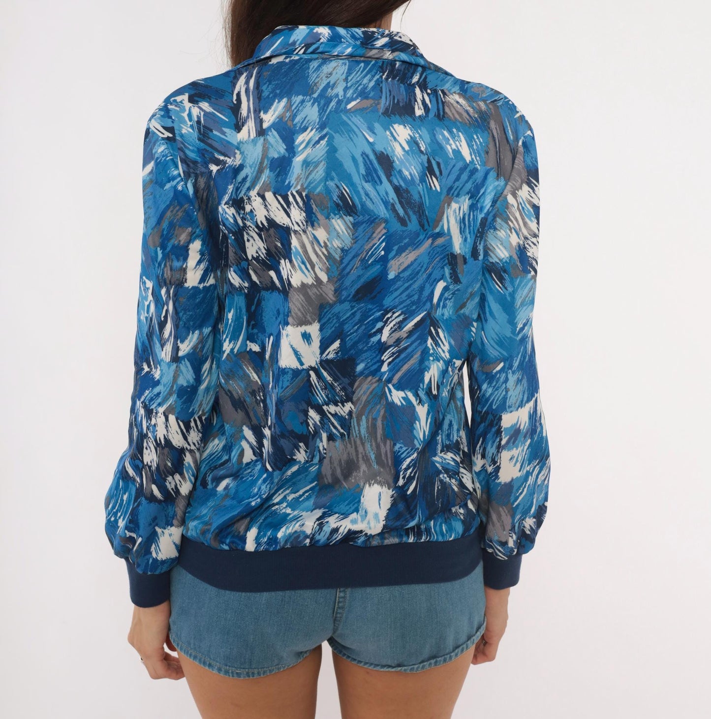 70s Abstract Brushstroke Blouse Cobalt Navy Grey Collared V-Neck Medium