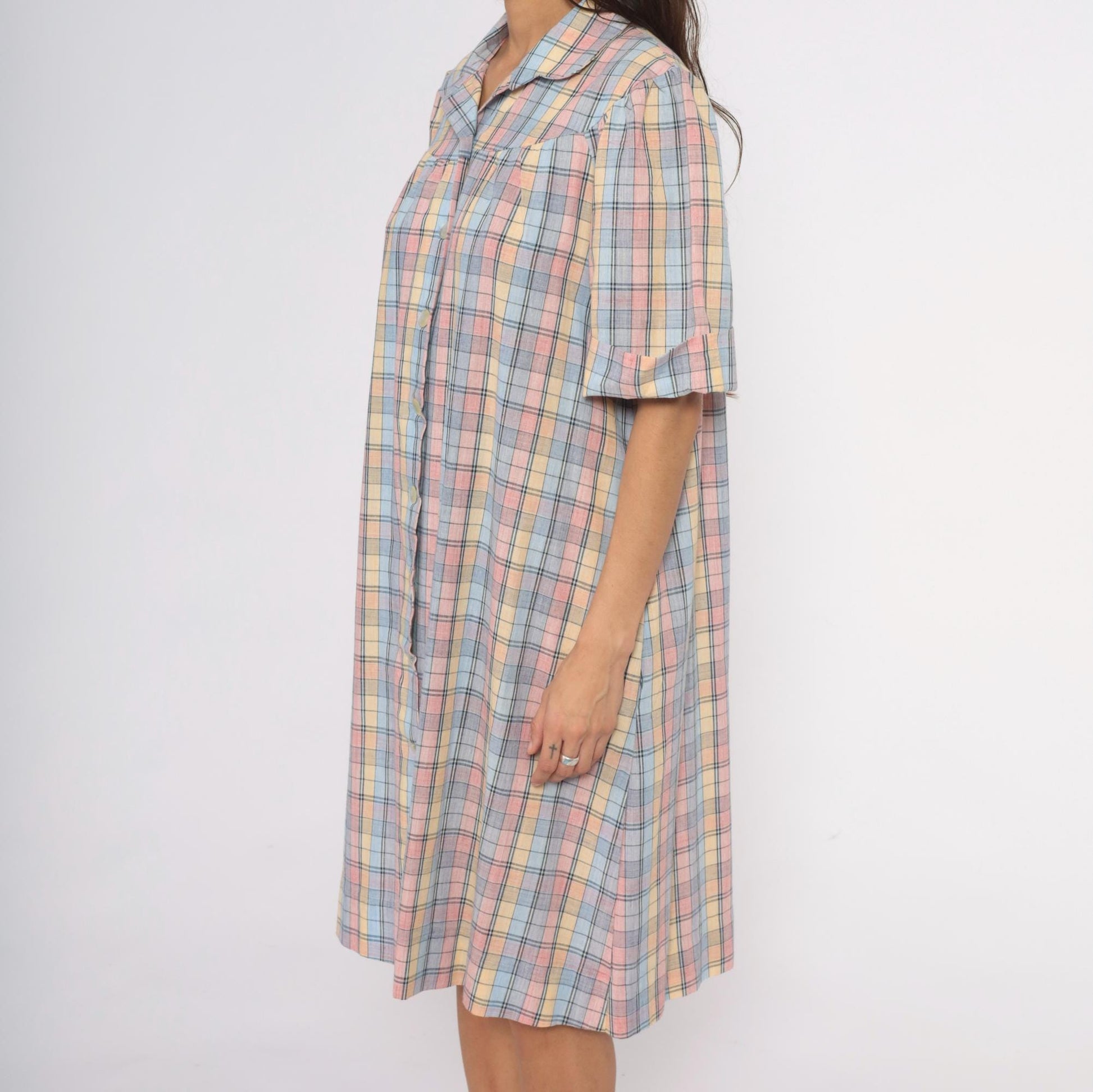 80s Pastel Plaid Cotton Shirt Dress Knee-Length Collared Housecoat Large