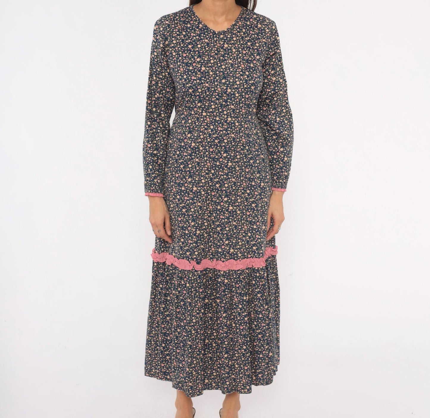 Y2K Indah Navy Floral Maxi Dress Cotton Long Sleeve Ruffle Trim Medium M